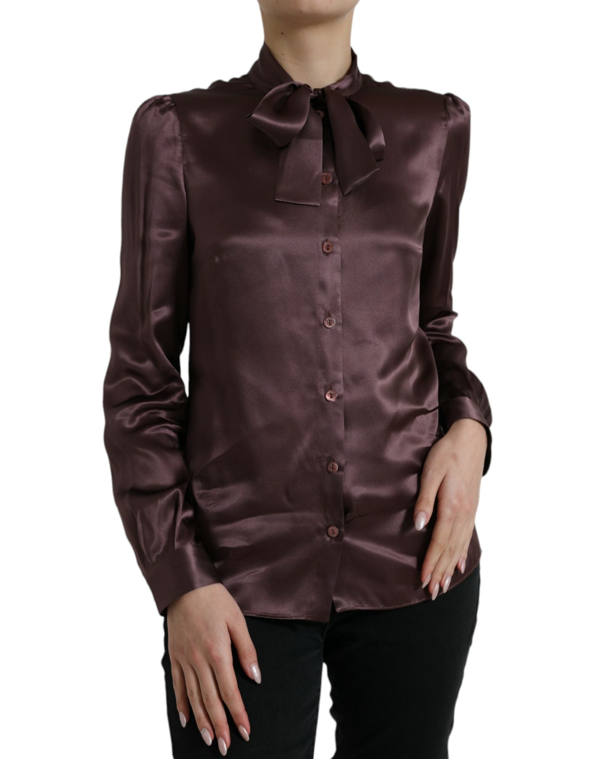 Brown Silk Ascot Collar Long Sleeve Blouse Top - ventzia