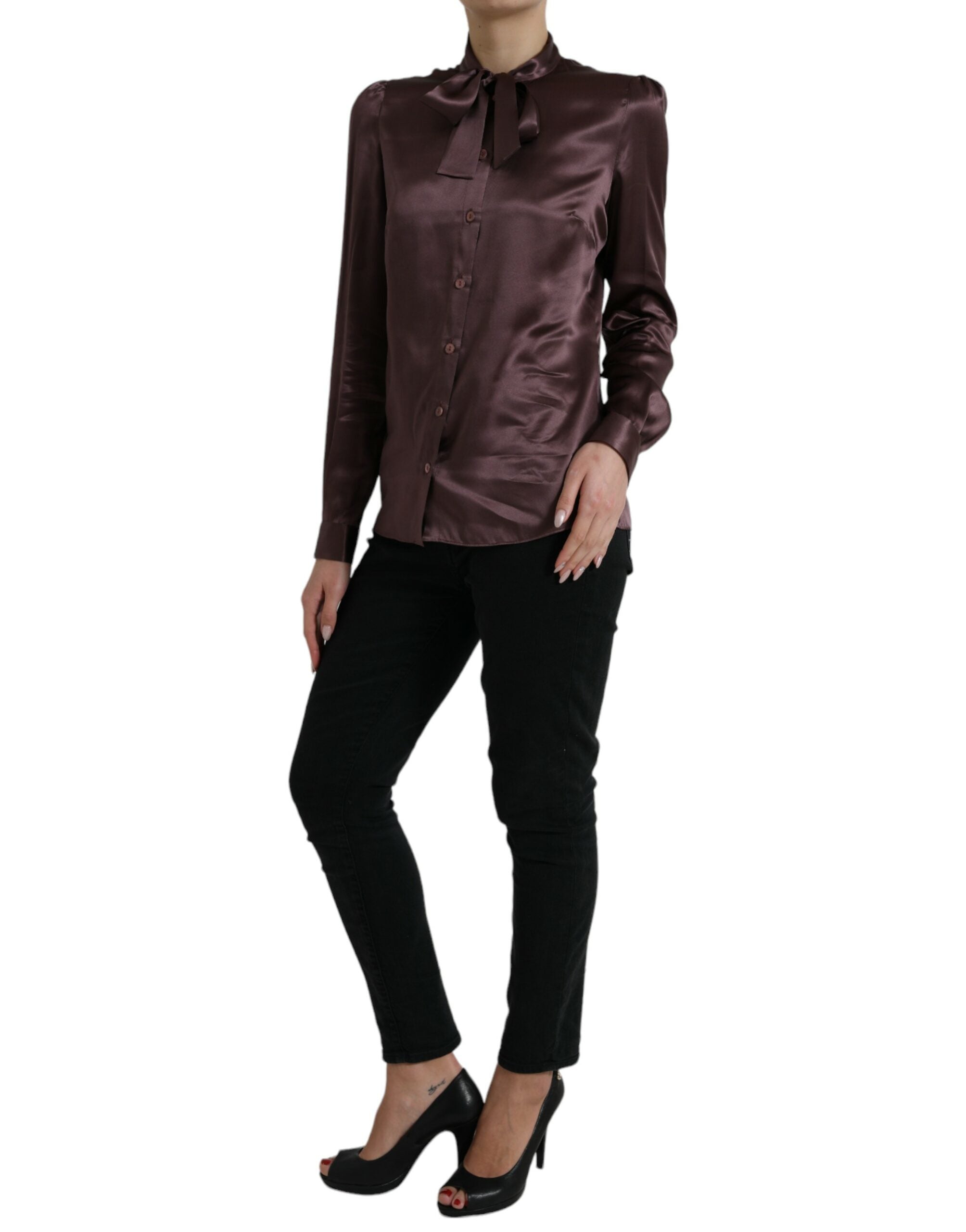 Brown Silk Ascot Collar Long Sleeve Blouse Top - ventzia