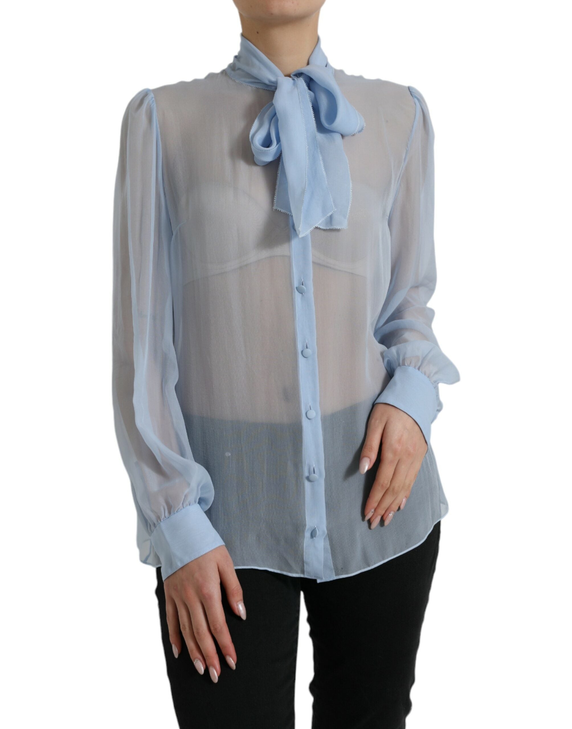 Blue Long Sleeves Ascot Collar Blouse Top - ventzia
