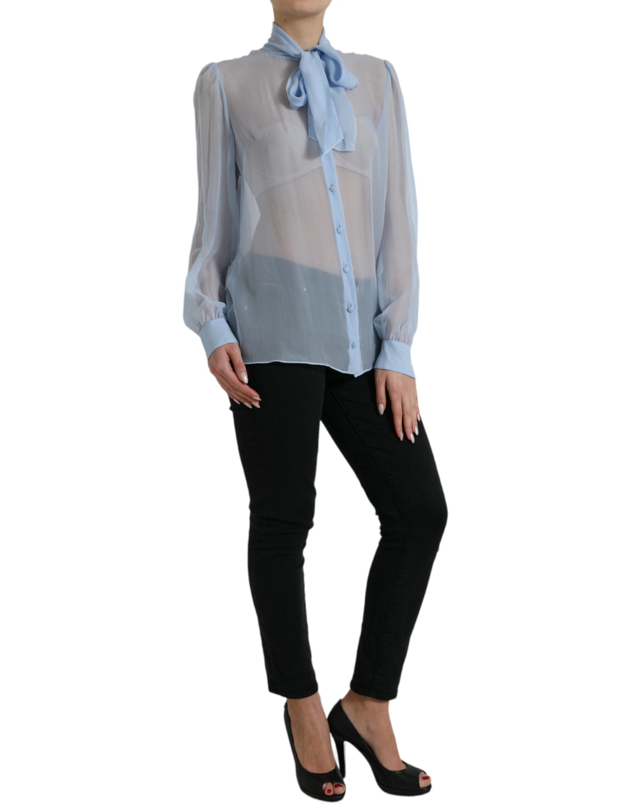 Blue Long Sleeves Ascot Collar Blouse Top - ventzia