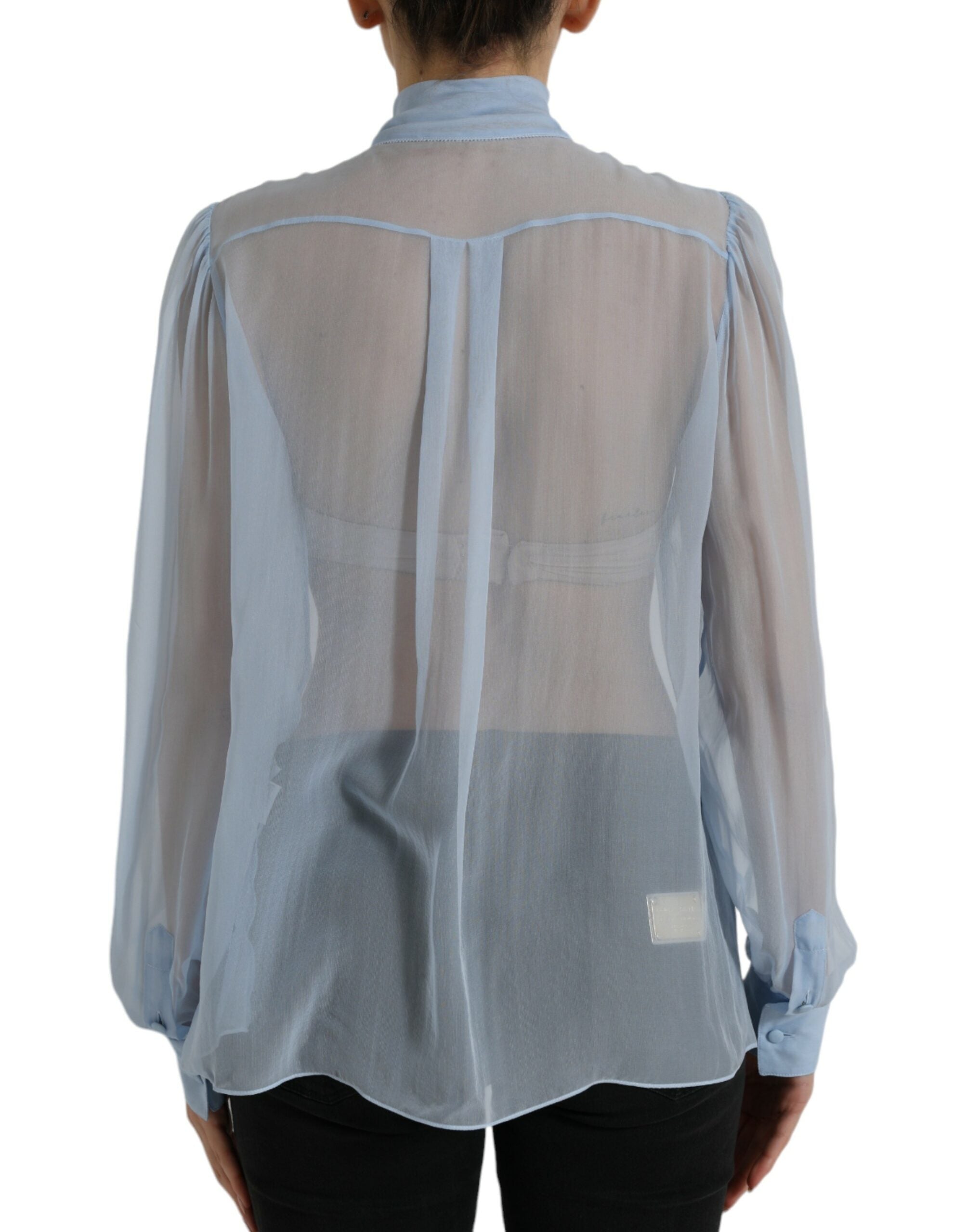 Blue Long Sleeves Ascot Collar Blouse Top - ventzia