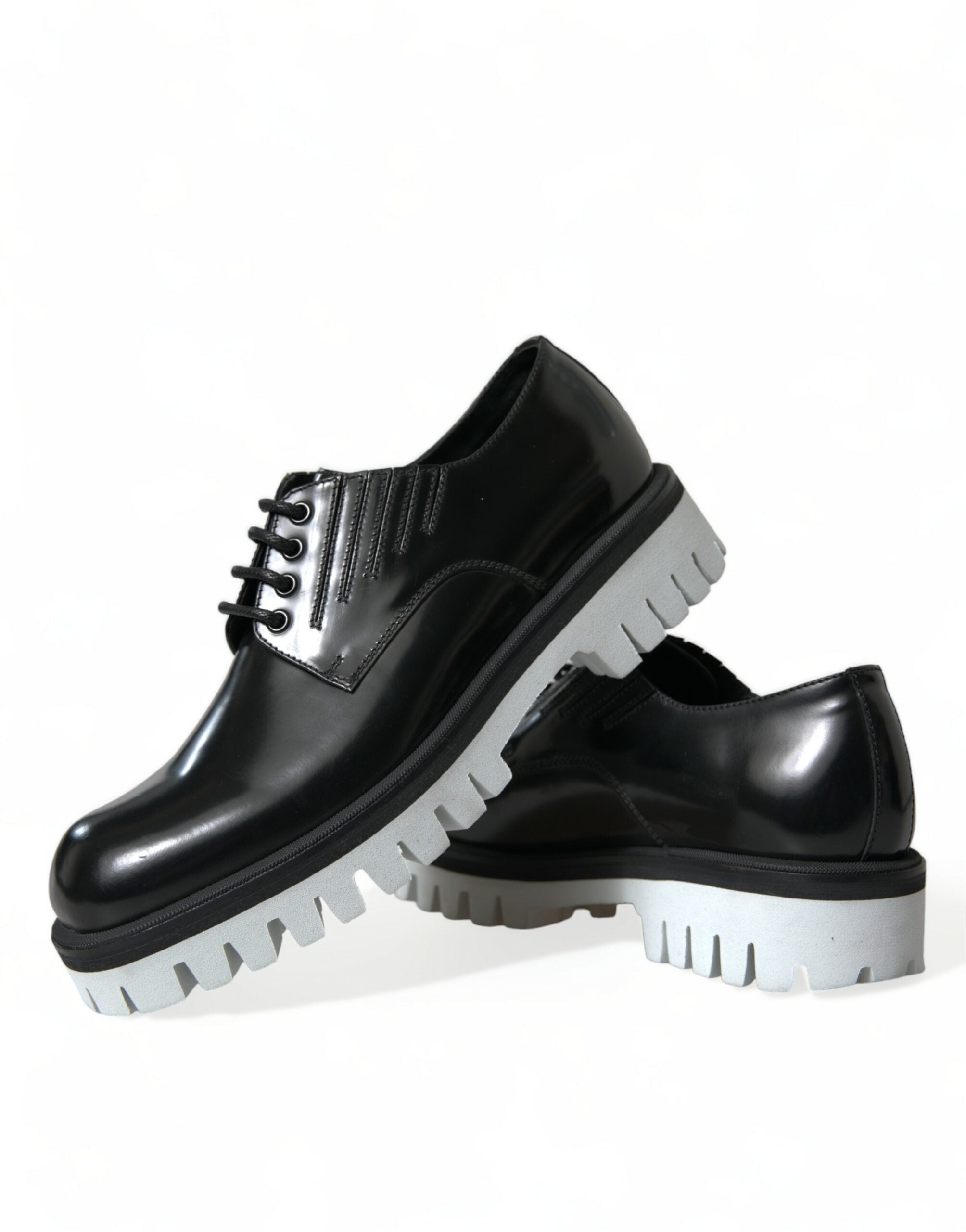 Black White Leather Lace Up Derby Dress Shoes - ventzia