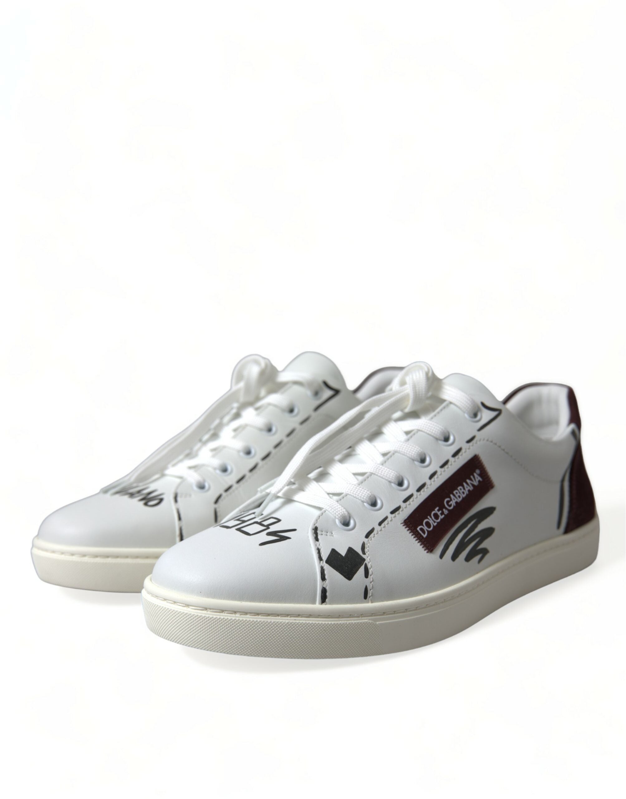 White Bordeaux Leather Logo Low Top Sneakers Shoes - ventzia