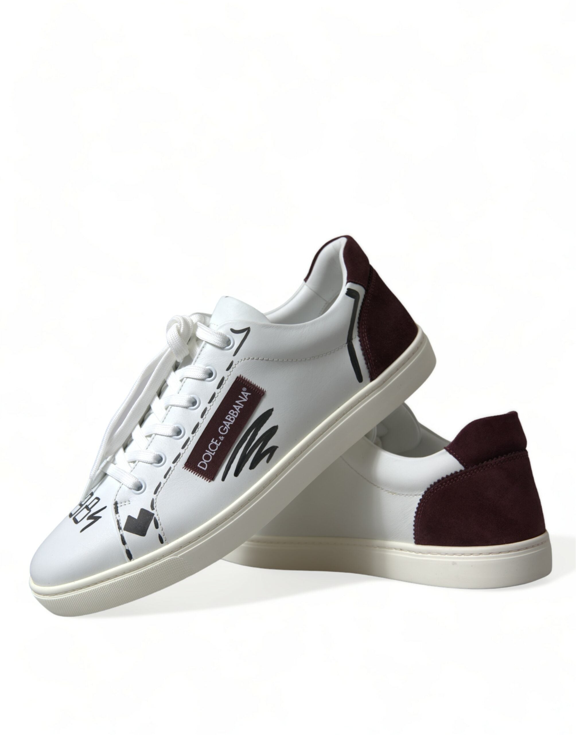 White Bordeaux Leather Logo Low Top Sneakers Shoes - ventzia
