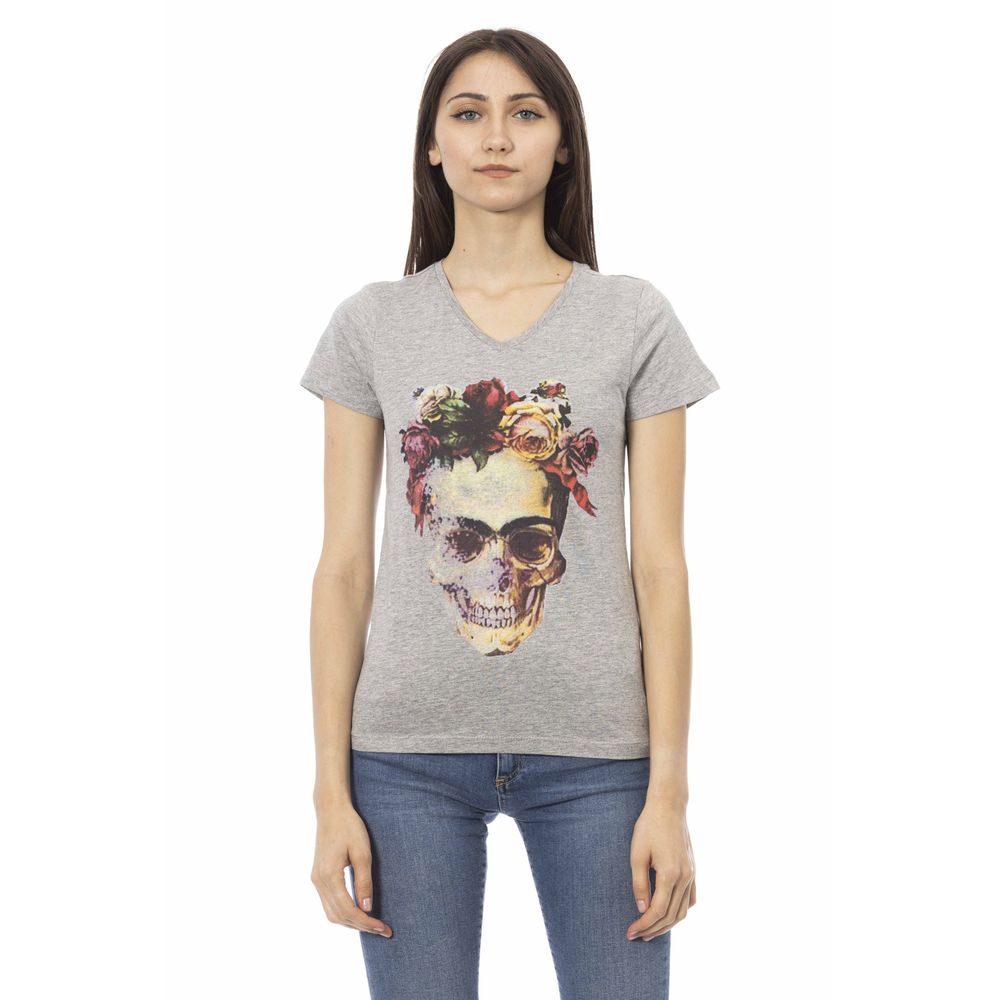 Gray Cotton Women V-Neck Top - ventzia