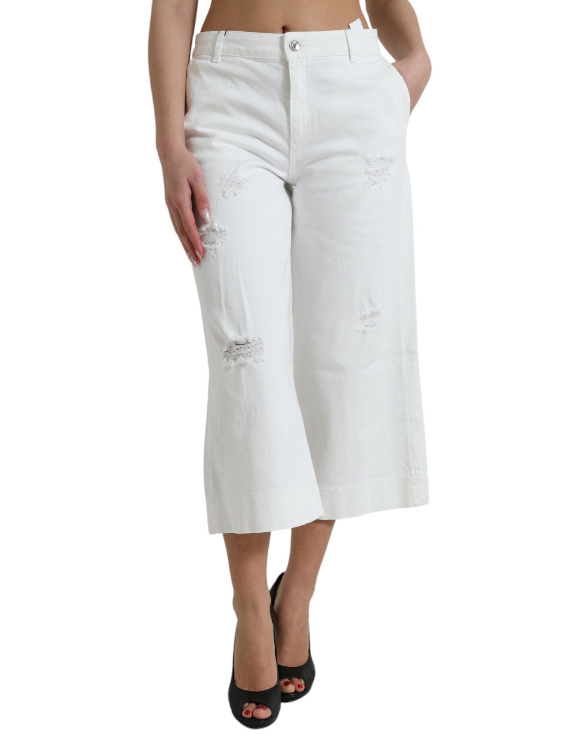 White Cotton Cropped Wide Leg Denim Jeans - ventzia