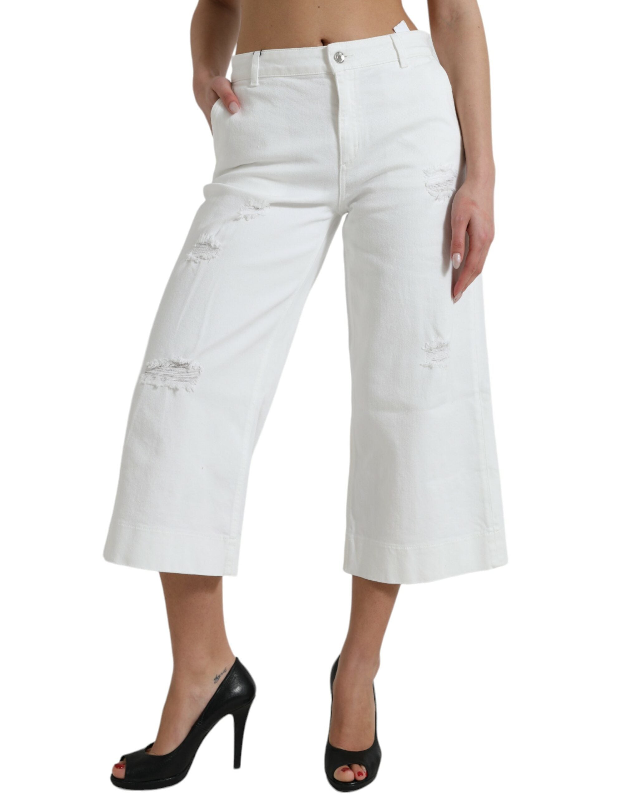 White Cotton Cropped Wide Leg Denim Jeans - ventzia