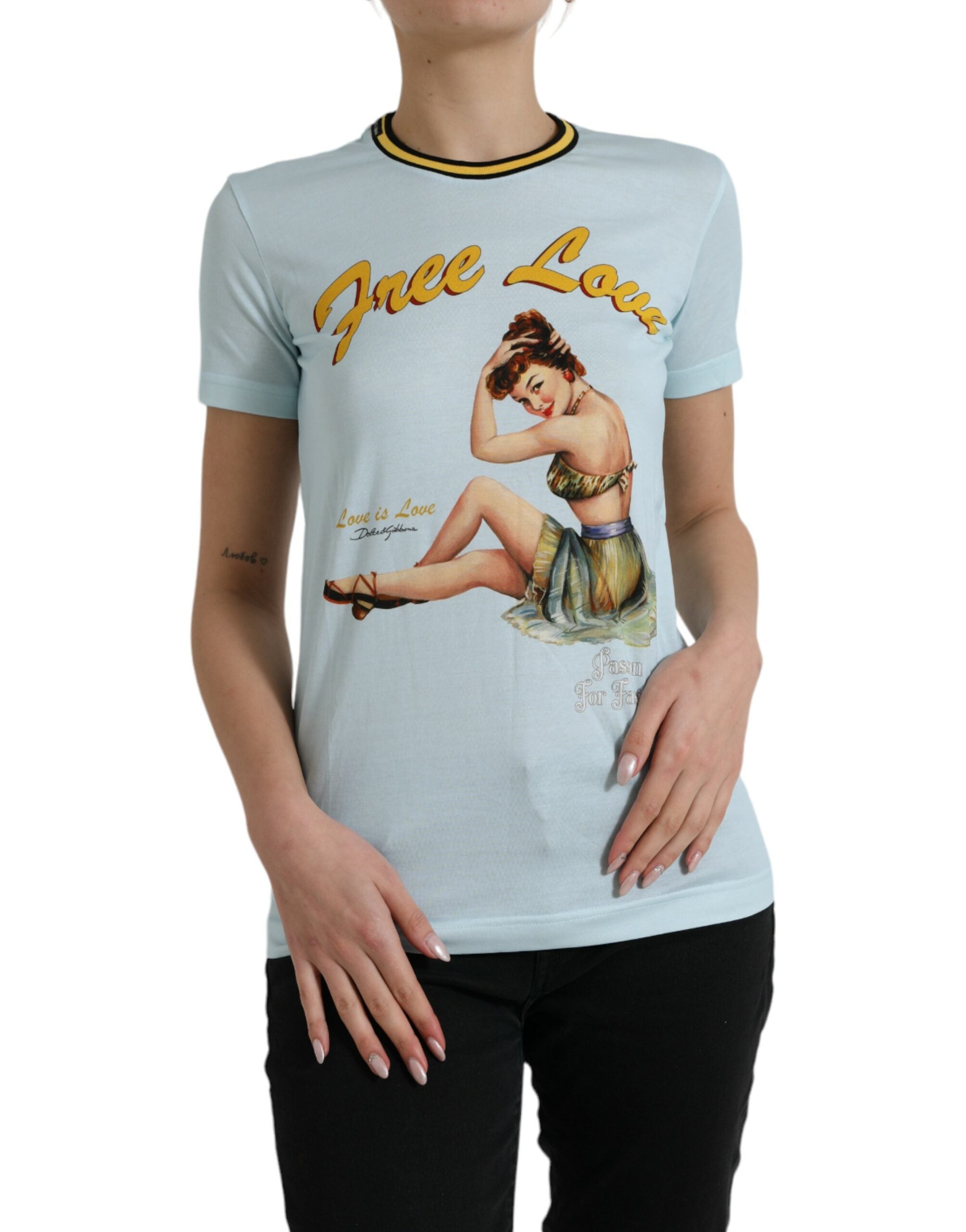 Light Blue Cotton Free Love Crew Neck T-shirt - ventzia