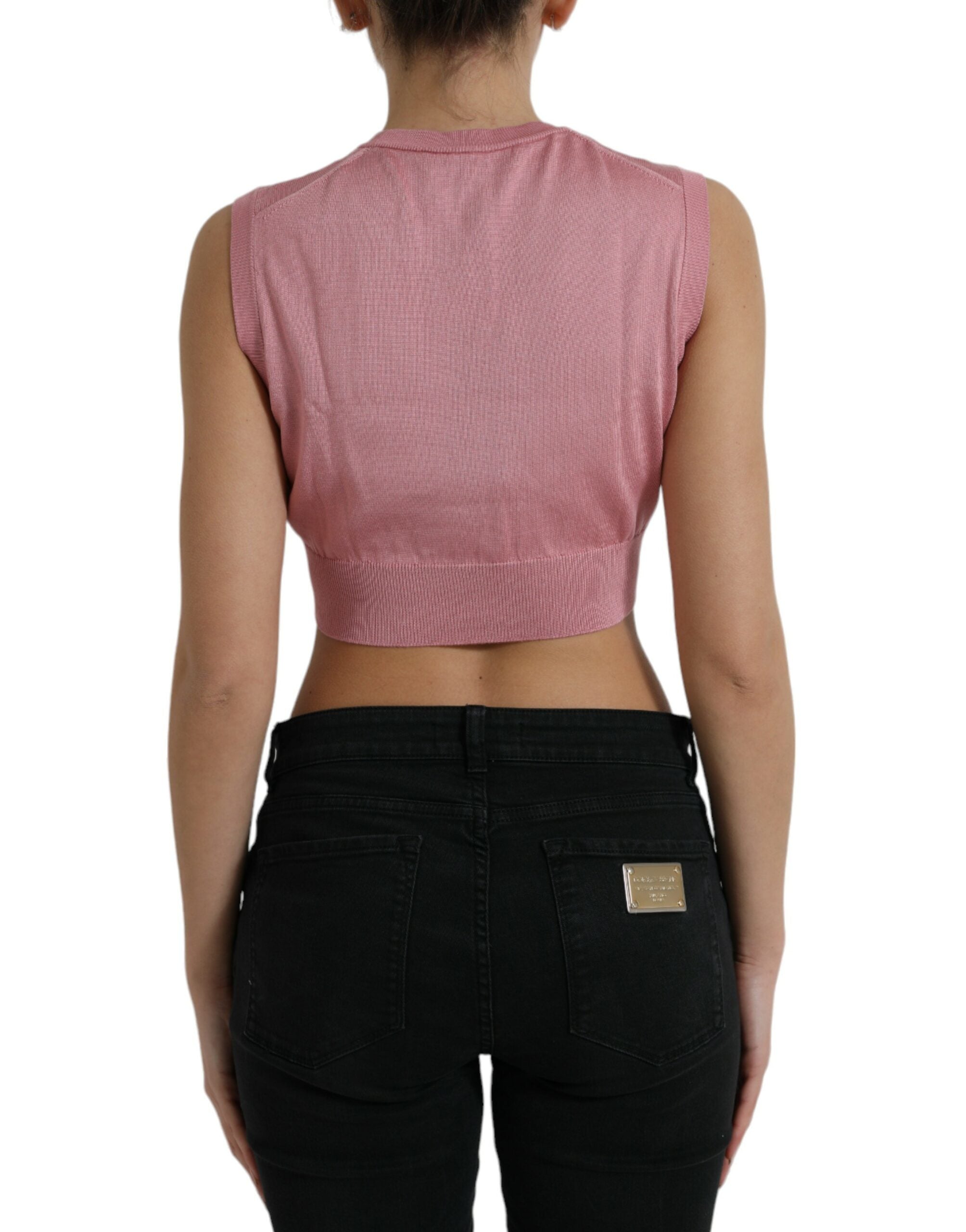 Pink Crew Neck Cropped Sleeveless Tank Top - ventzia