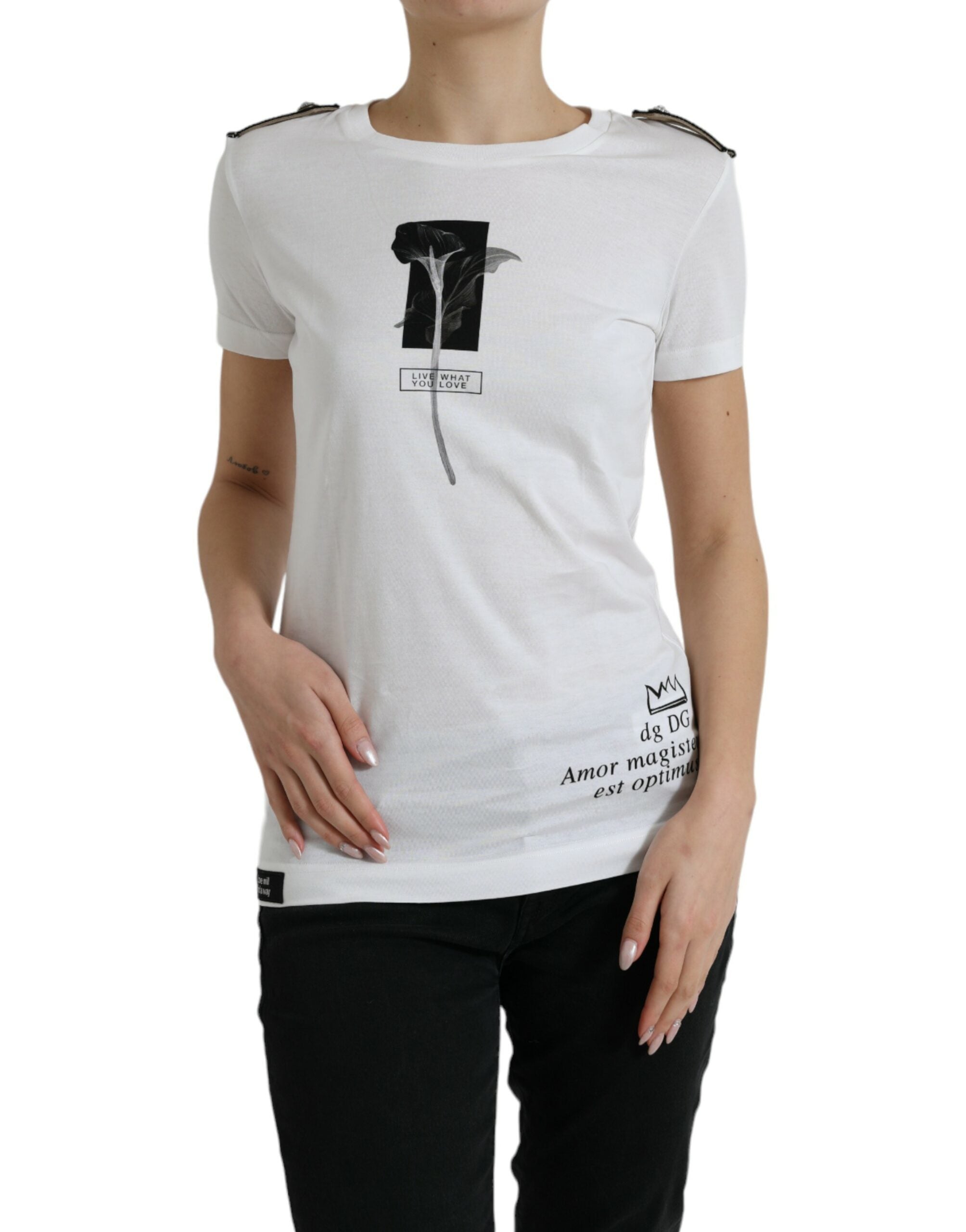 White Black Roses Crewneck Cotton T-shirt - ventzia
