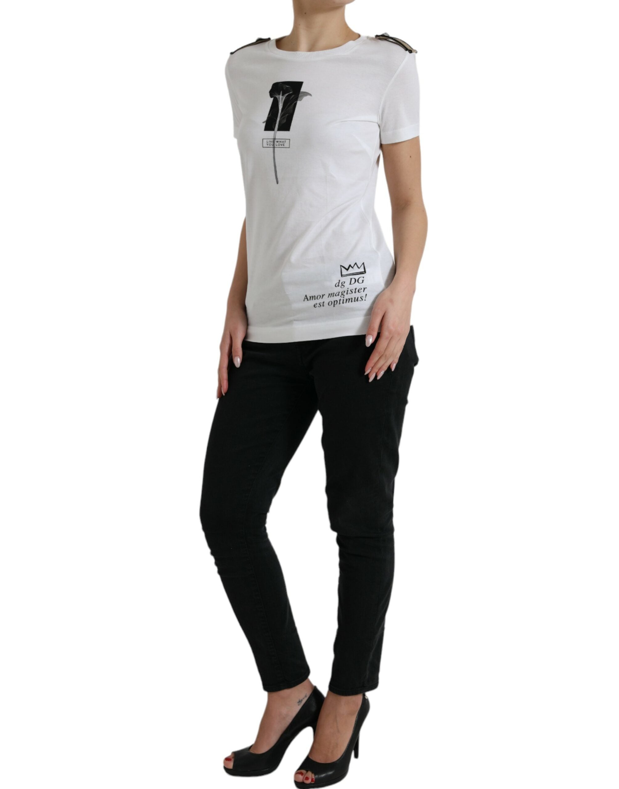 White Black Roses Crewneck Cotton T-shirt - ventzia