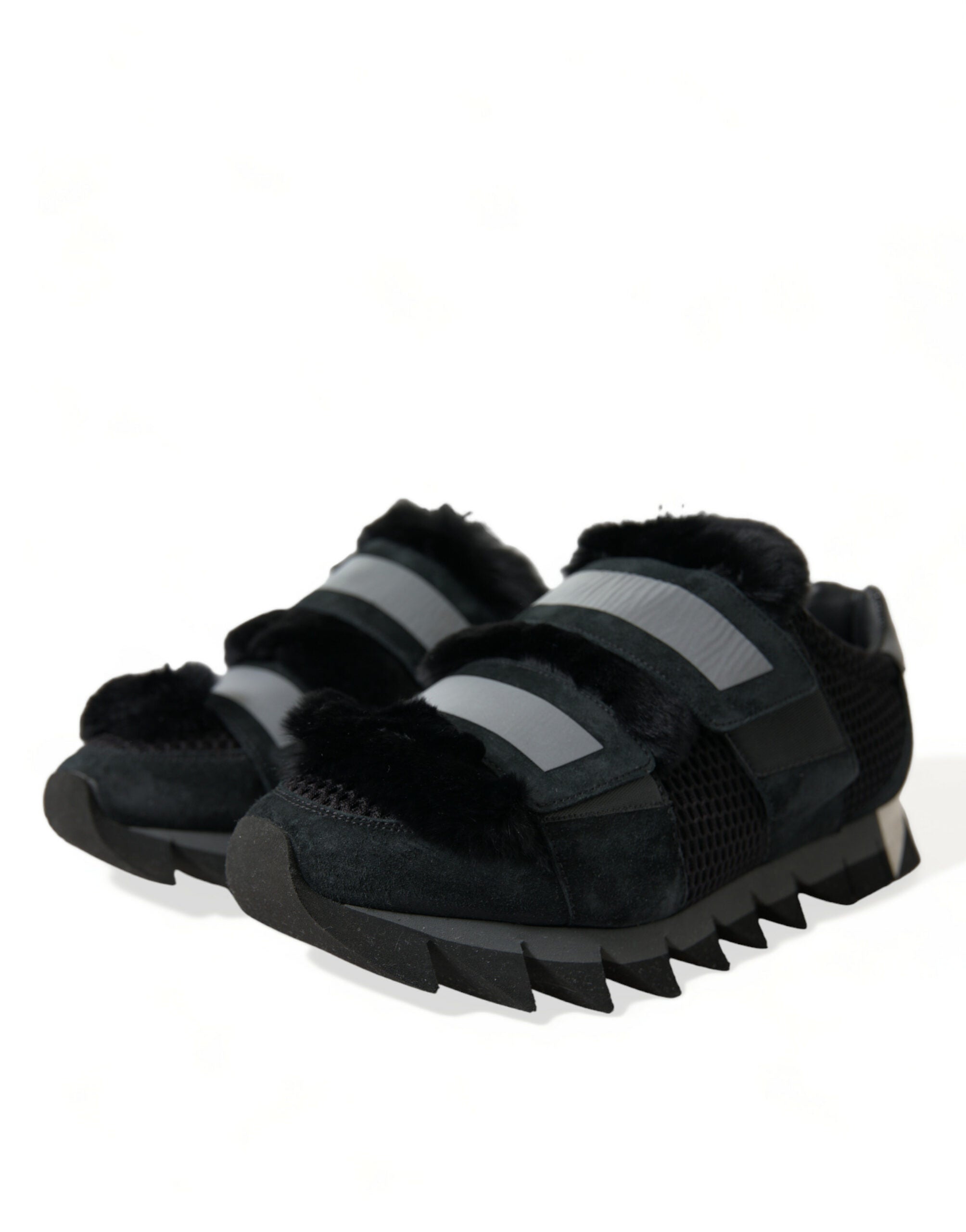 Black Fur Embellished Suede Sneakers Shoes - ventzia