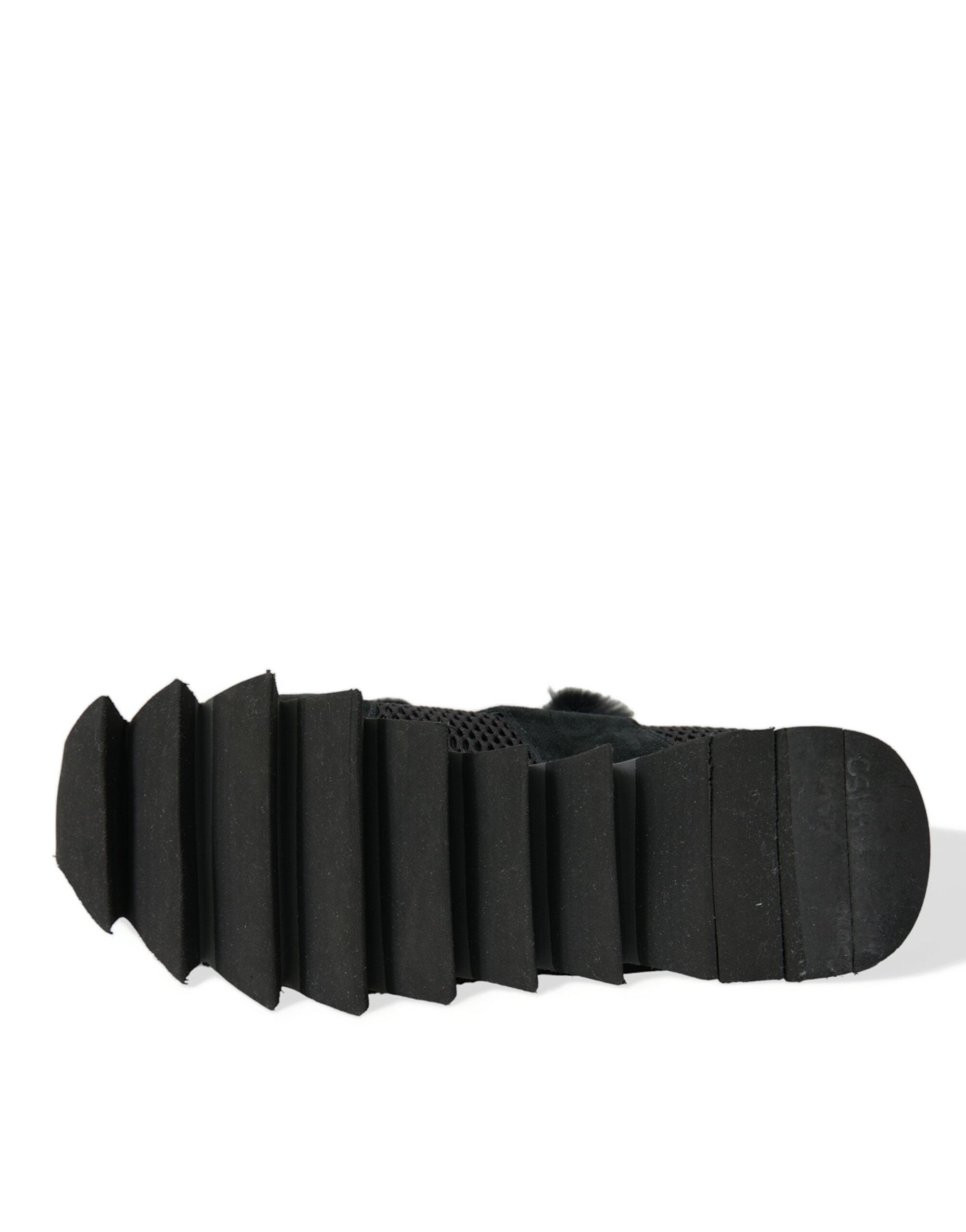 Black Fur Embellished Suede Sneakers Shoes - ventzia