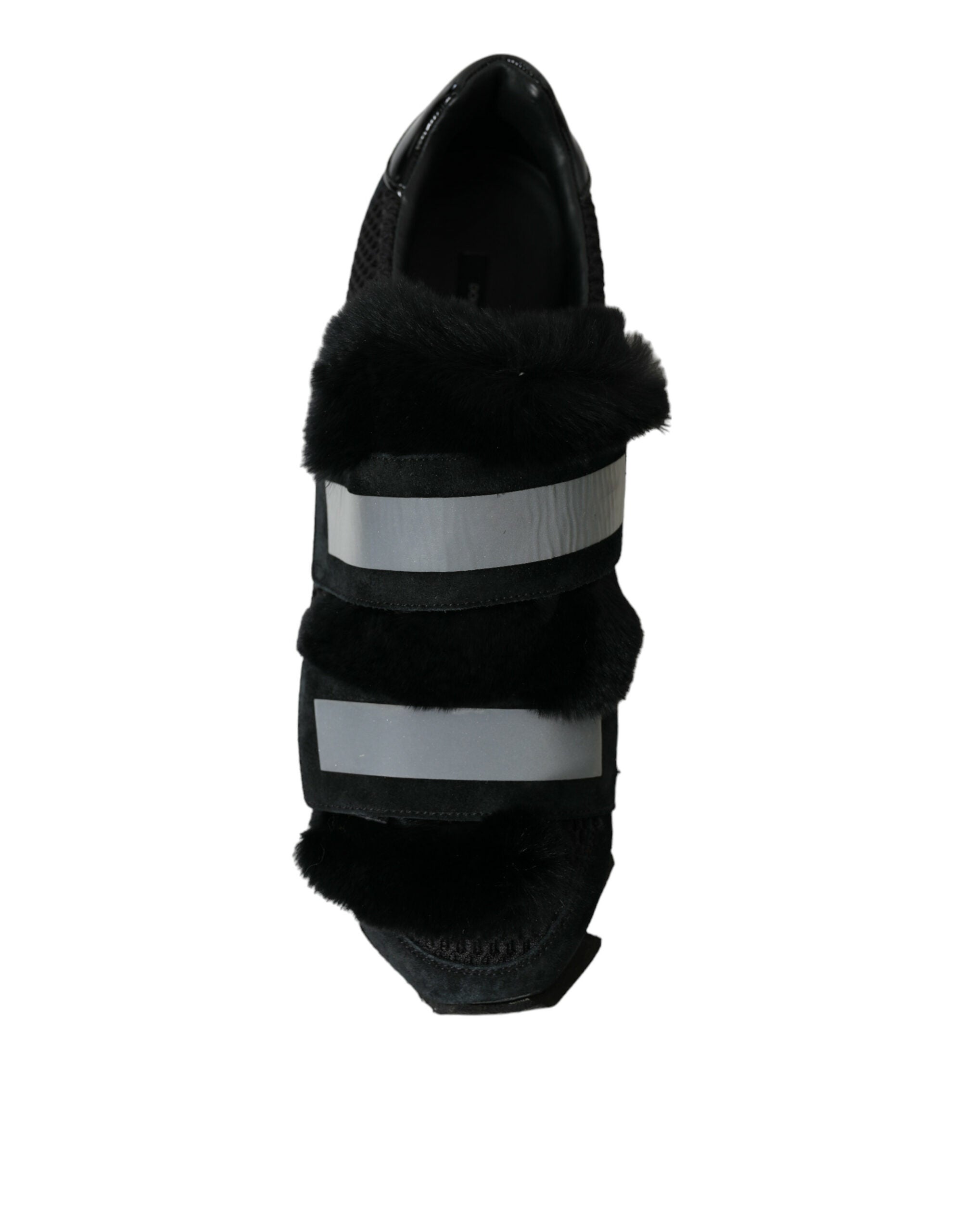 Black Fur Embellished Suede Sneakers Shoes - ventzia
