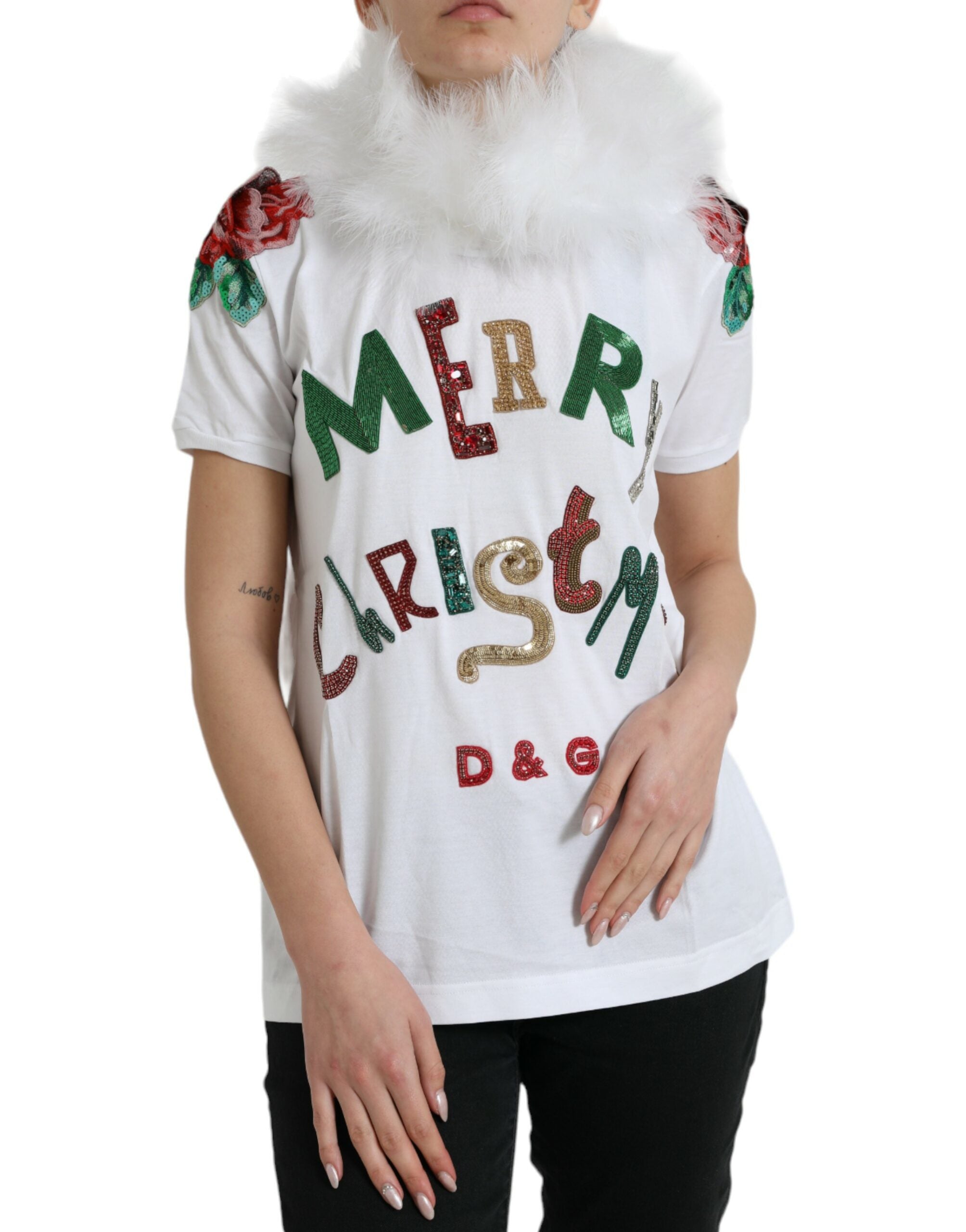 White Cotton Christmas Sequin Fur T-shirt - ventzia