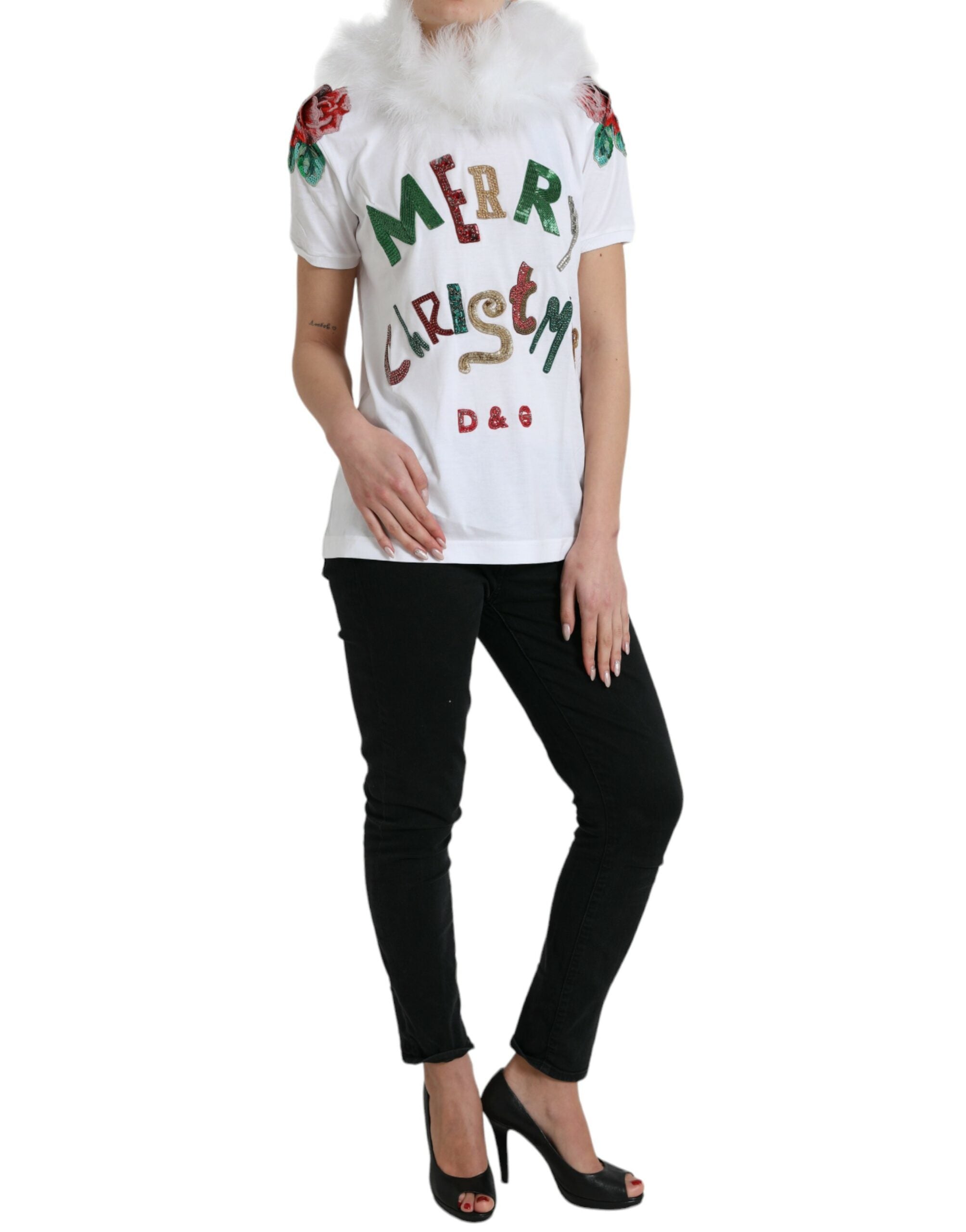 White Cotton Christmas Sequin Fur T-shirt - ventzia