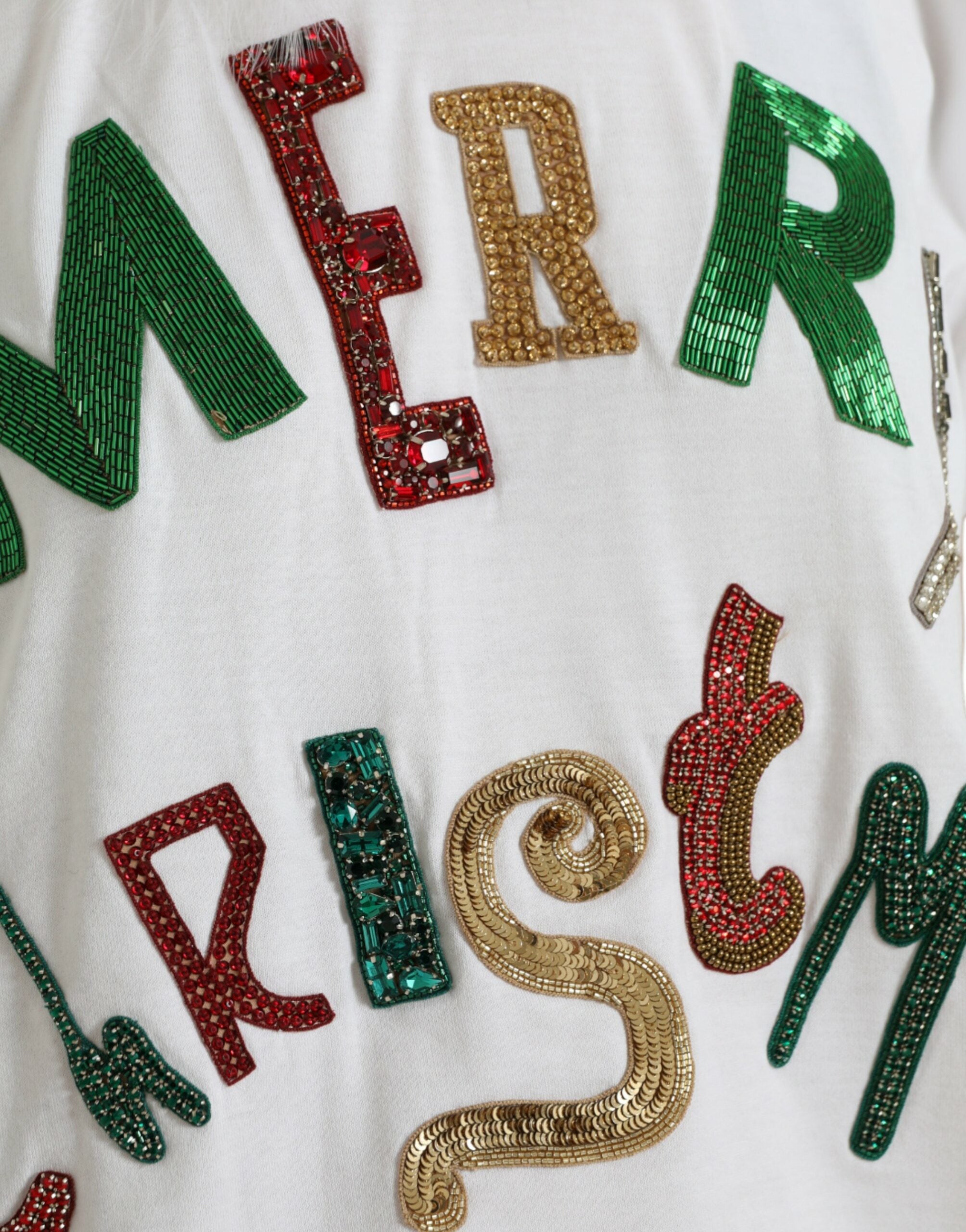 White Cotton Christmas Sequin Fur T-shirt - ventzia