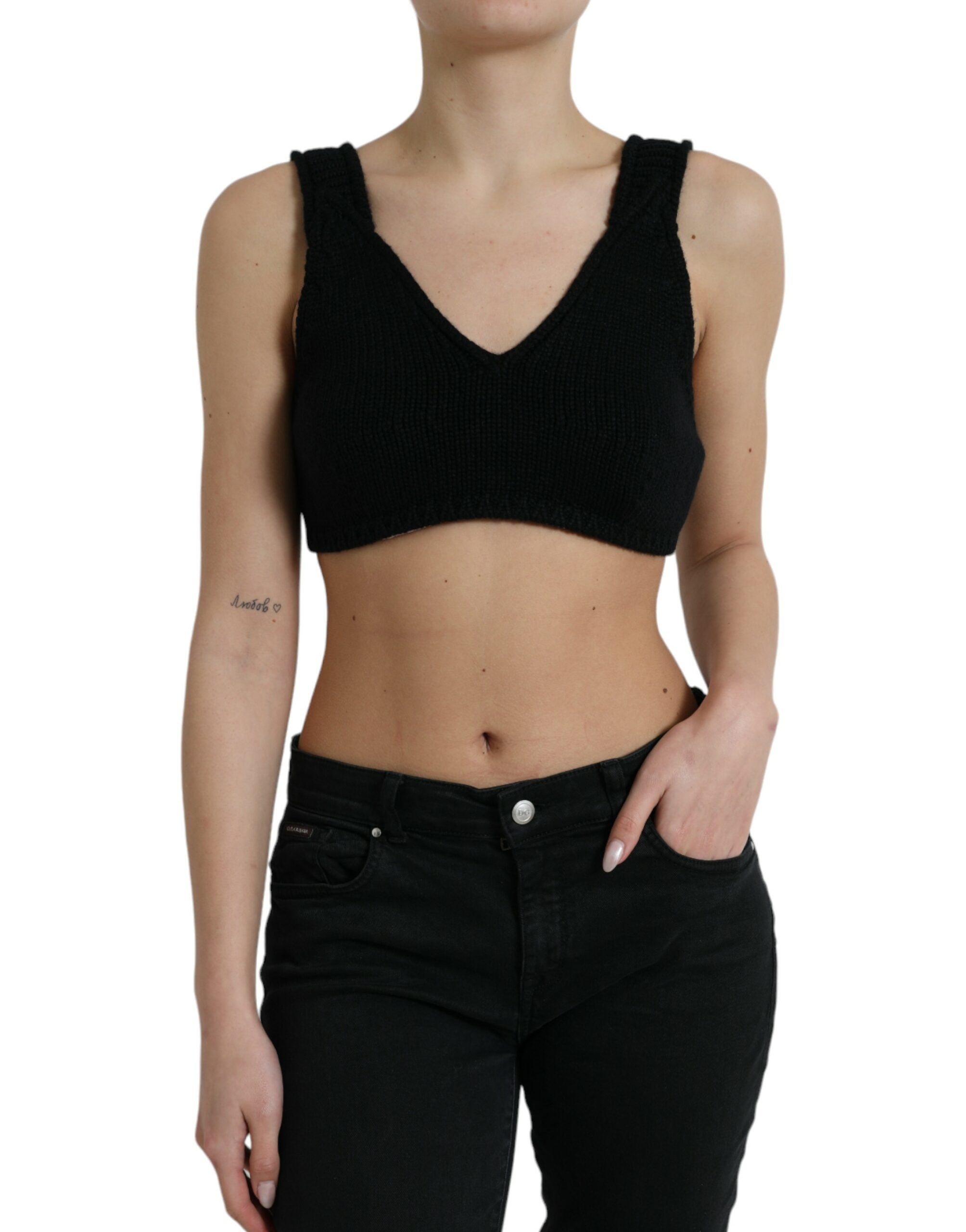 Black Cropped Cashmere V-neck Bustier Top - ventzia