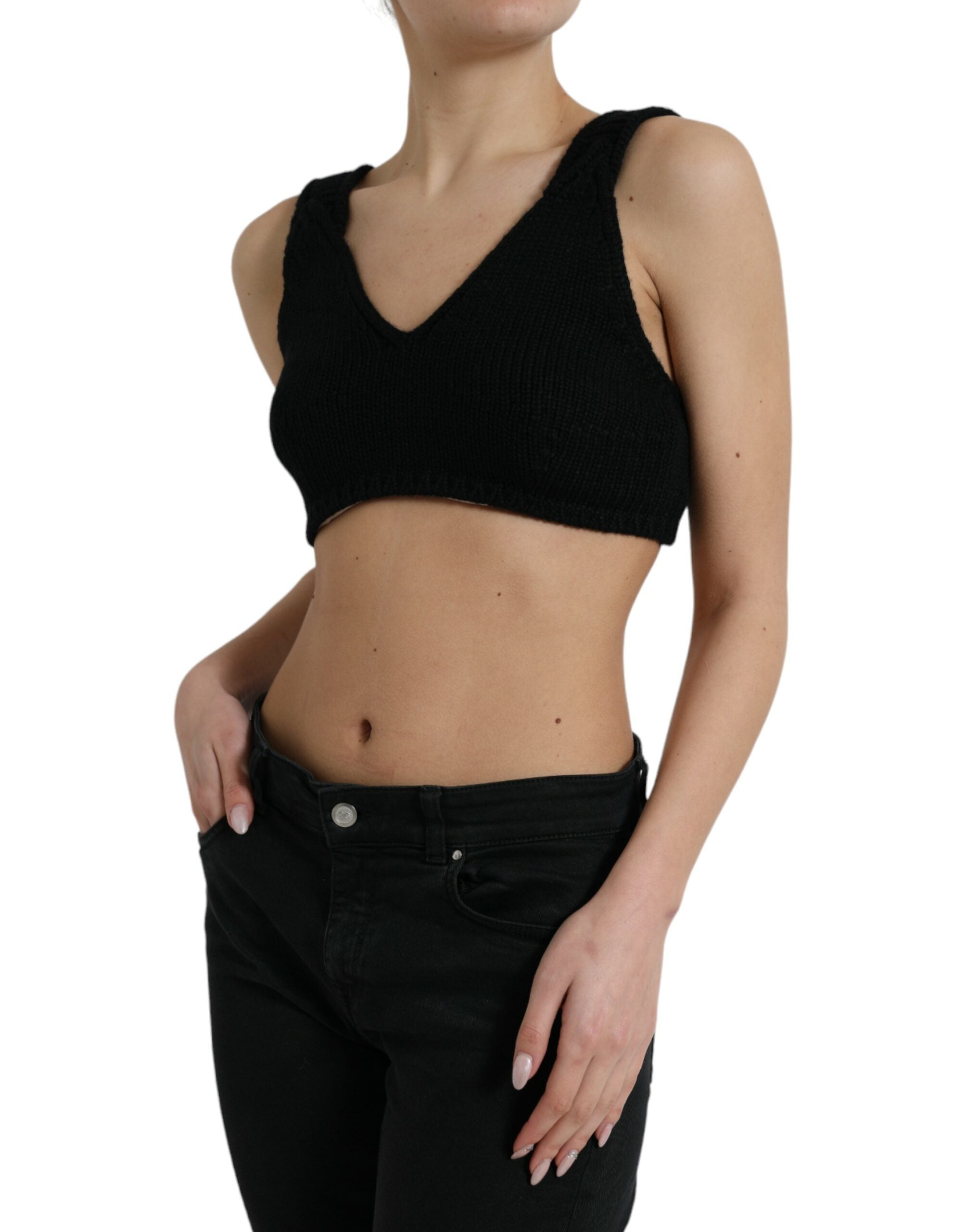Black Cropped Cashmere V-neck Bustier Top - ventzia
