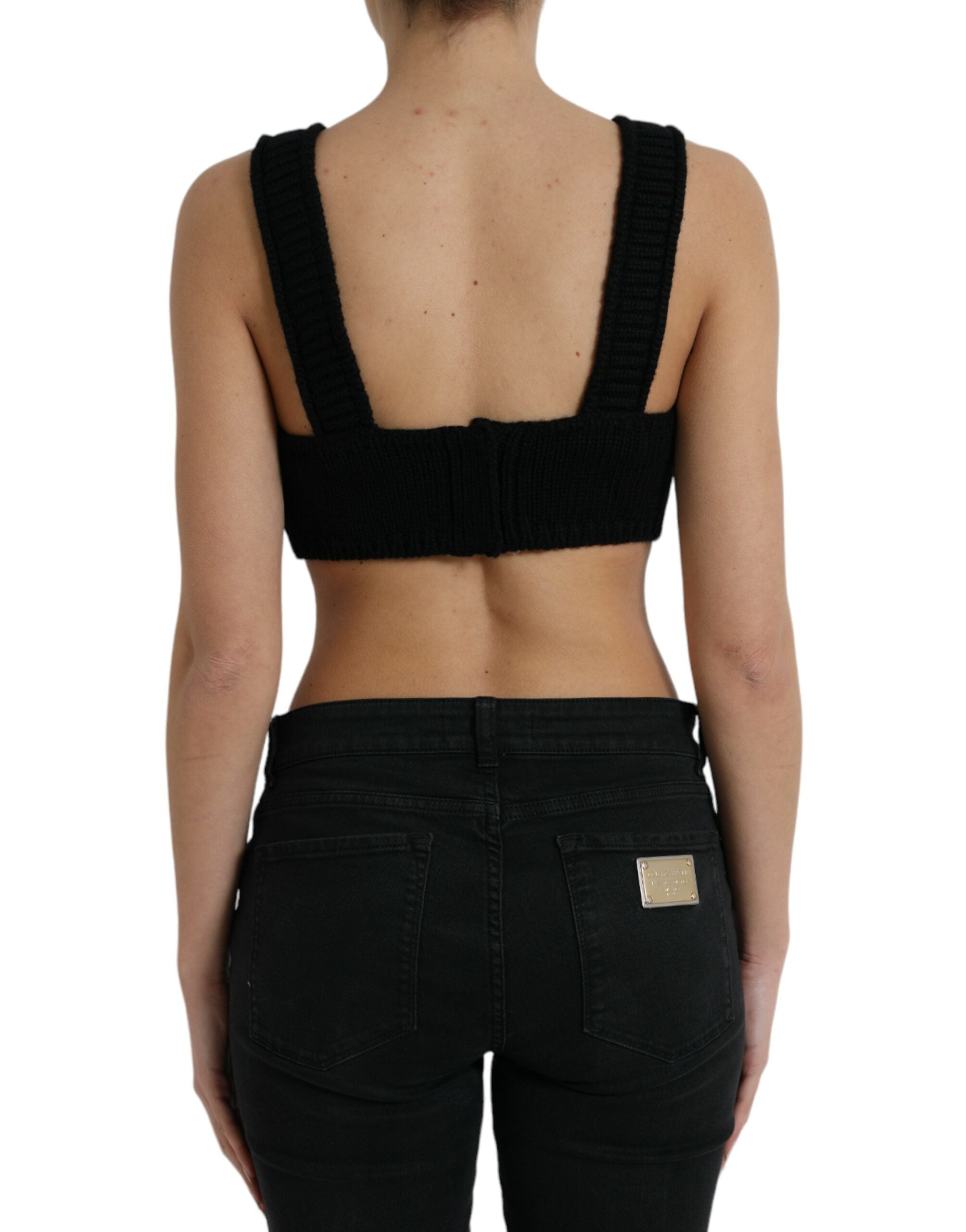 Black Cropped Cashmere V-neck Bustier Top - ventzia