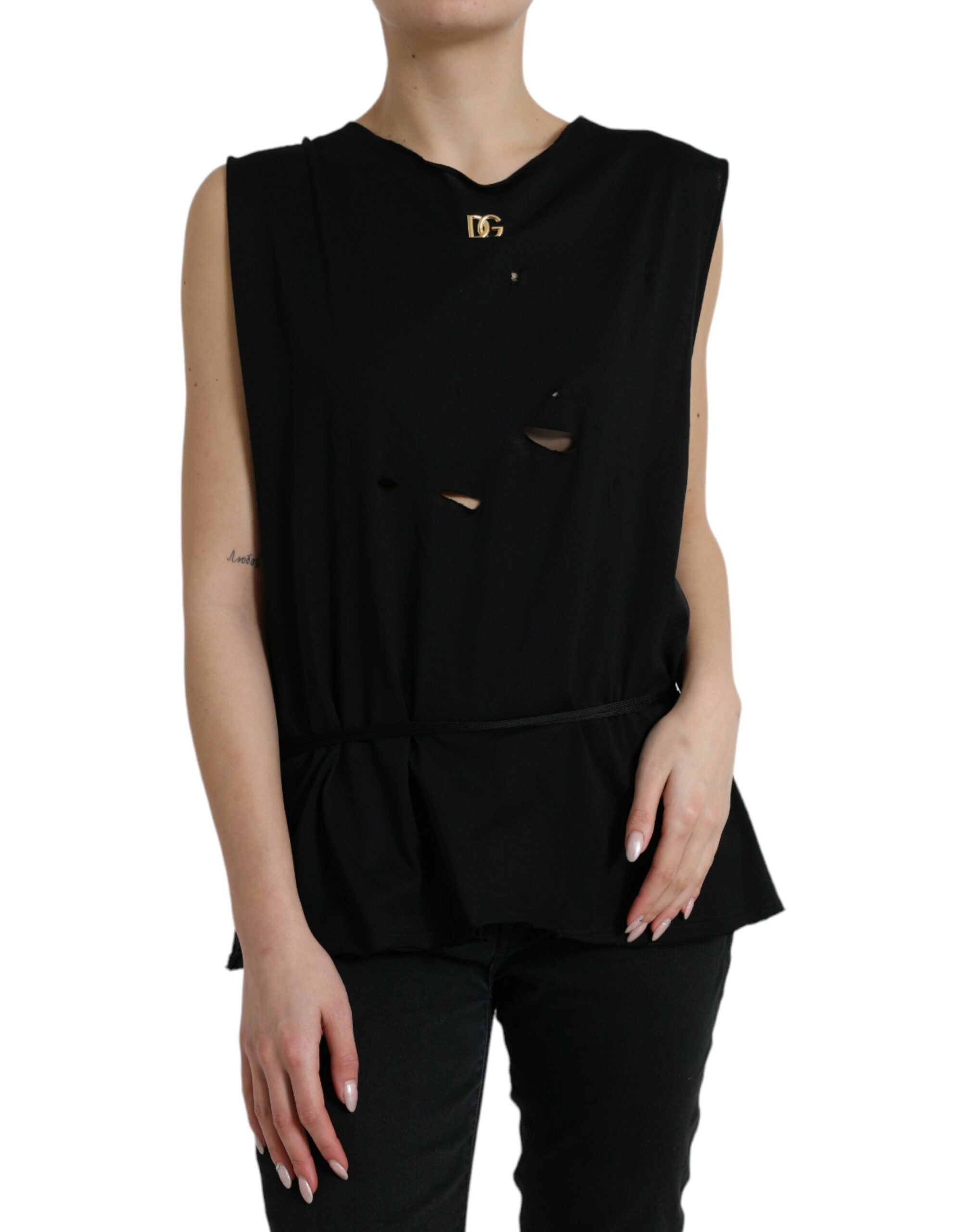 Black Cotton Lace Up Logo Round Neck Tank Top - ventzia