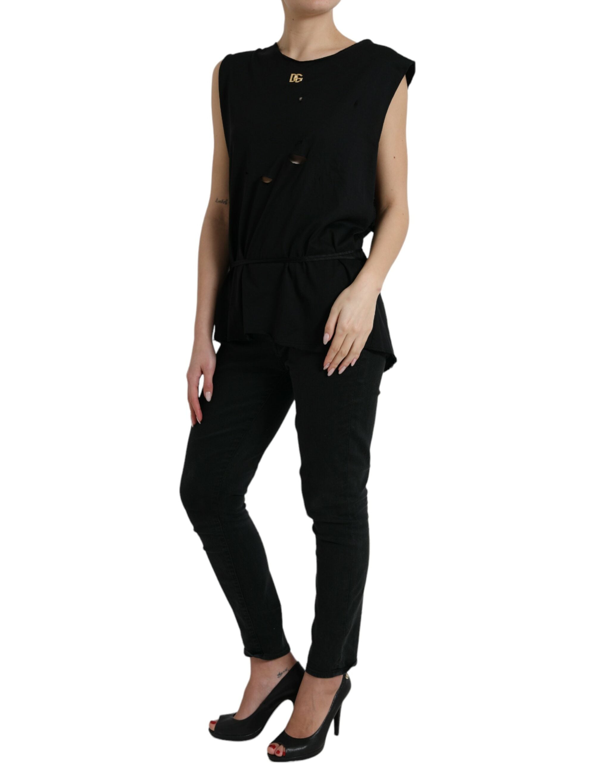 Black Cotton Lace Up Logo Round Neck Tank Top - ventzia