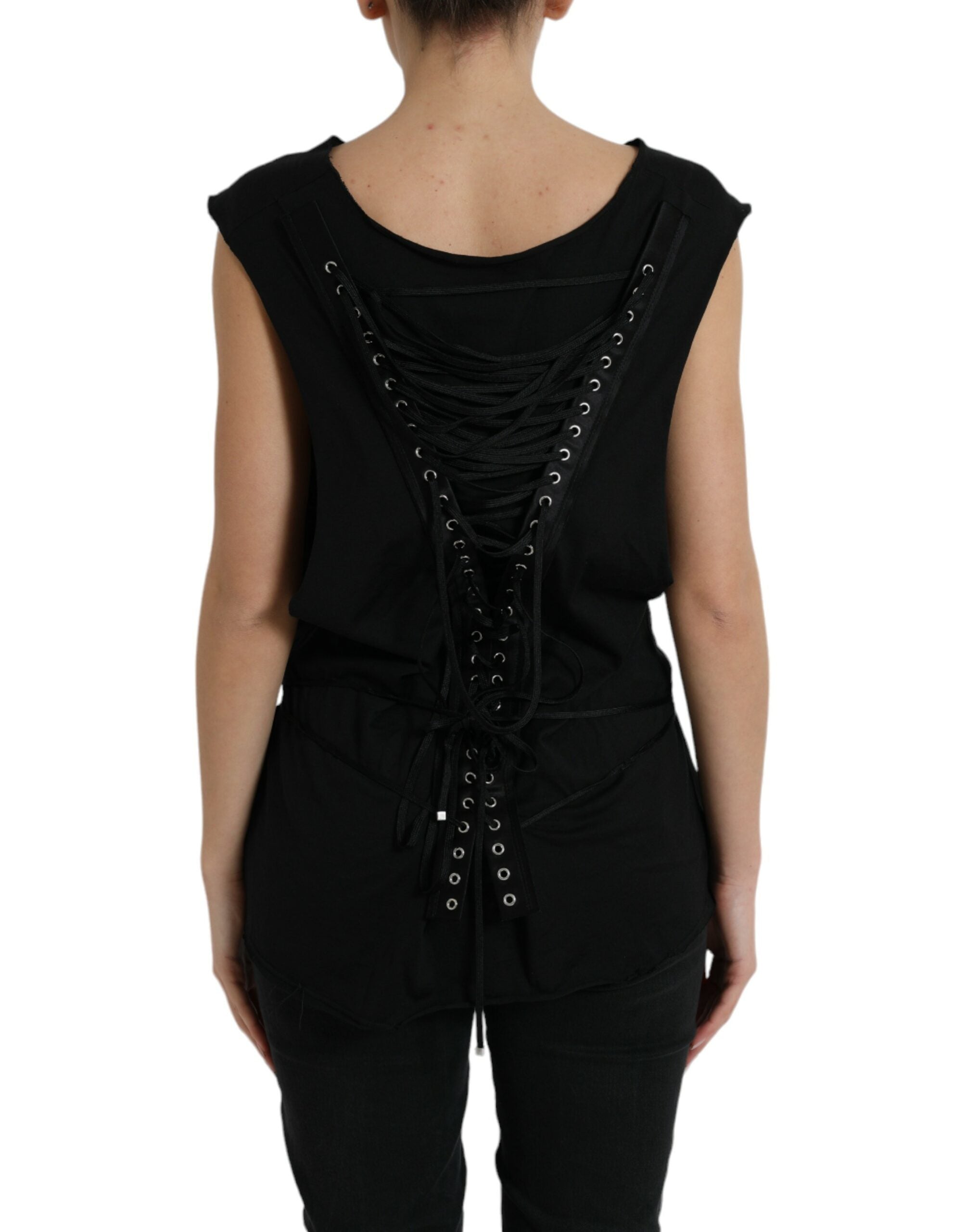 Black Cotton Lace Up Logo Round Neck Tank Top - ventzia