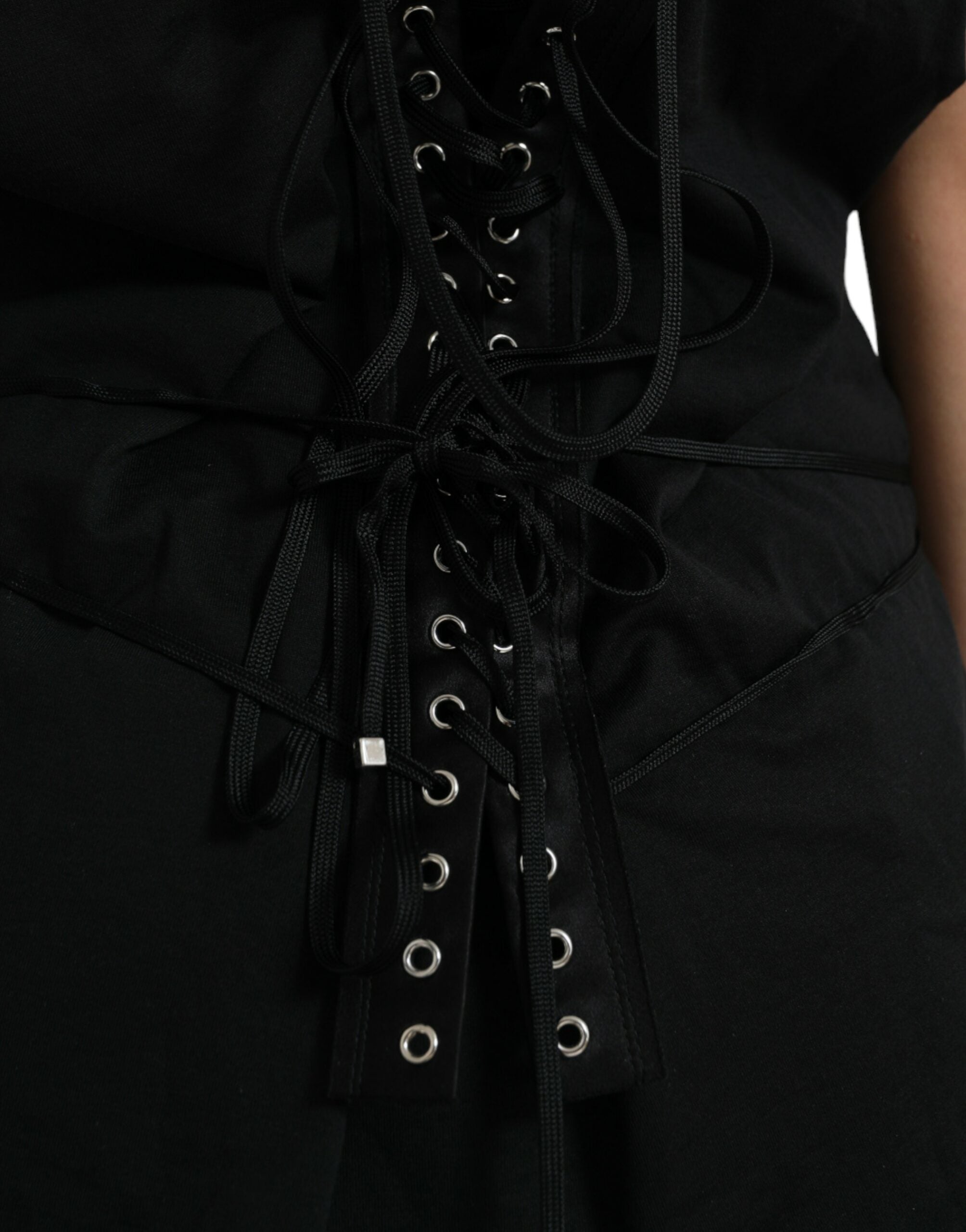 Black Cotton Lace Up Logo Round Neck Tank Top - ventzia
