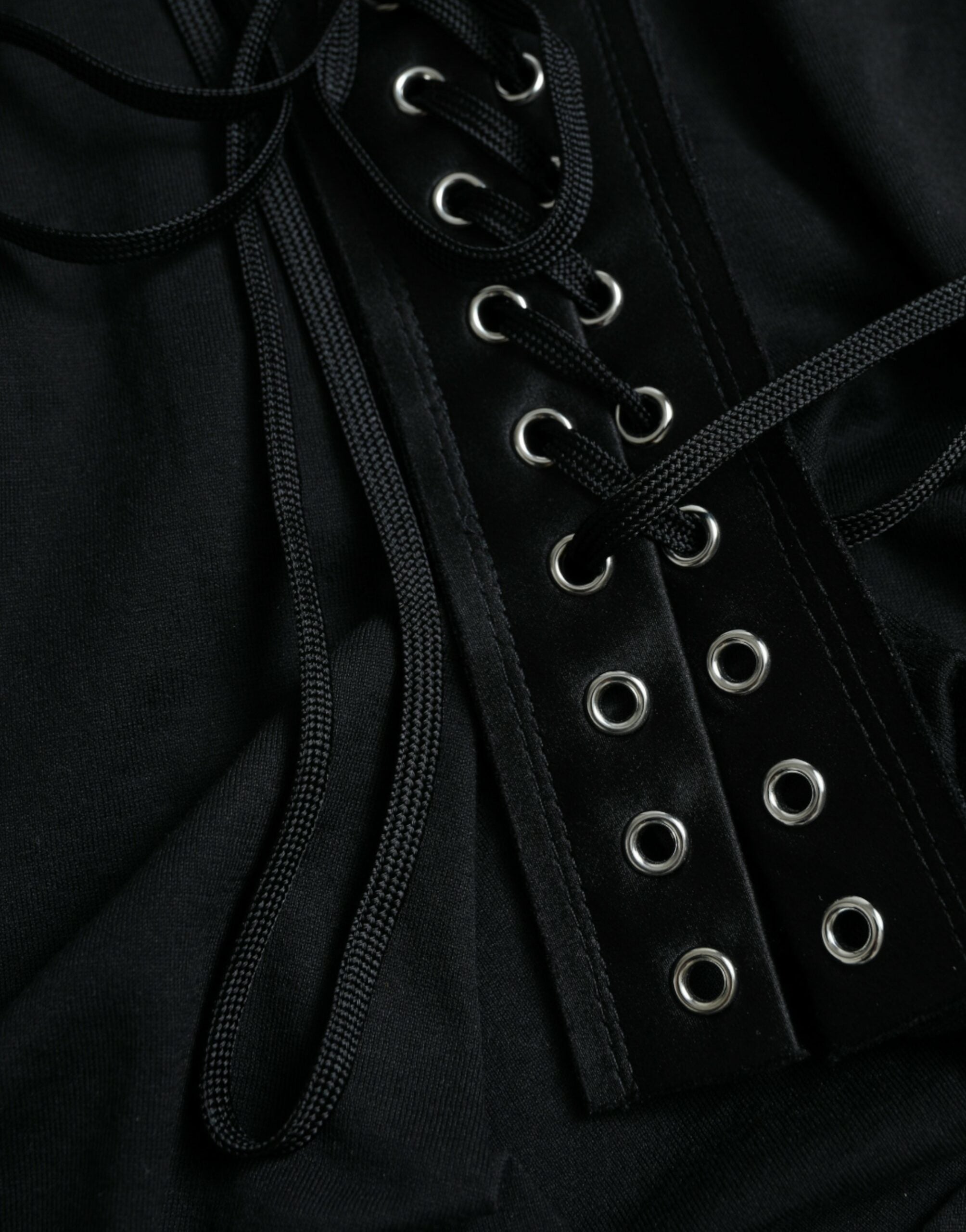 Black Cotton Lace Up Logo Round Neck Tank Top - ventzia
