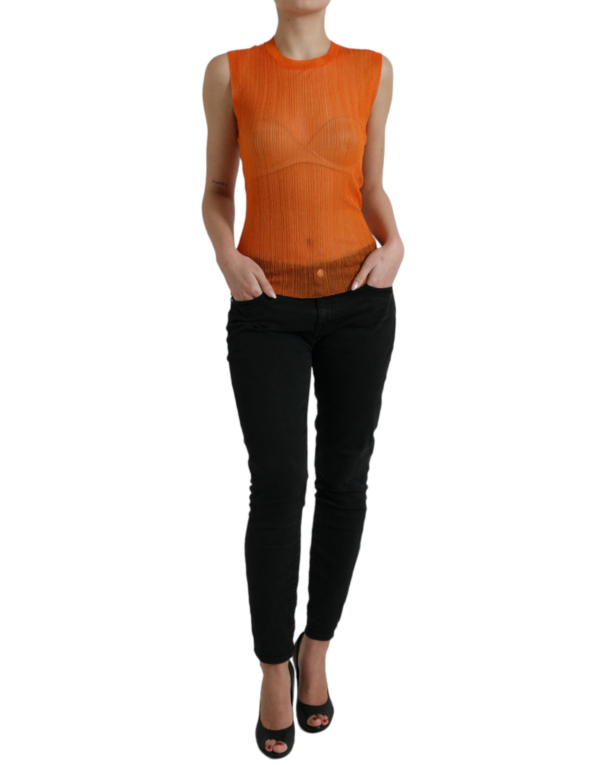 Orange See Through Crew Neck Blouse Tank Top - ventzia