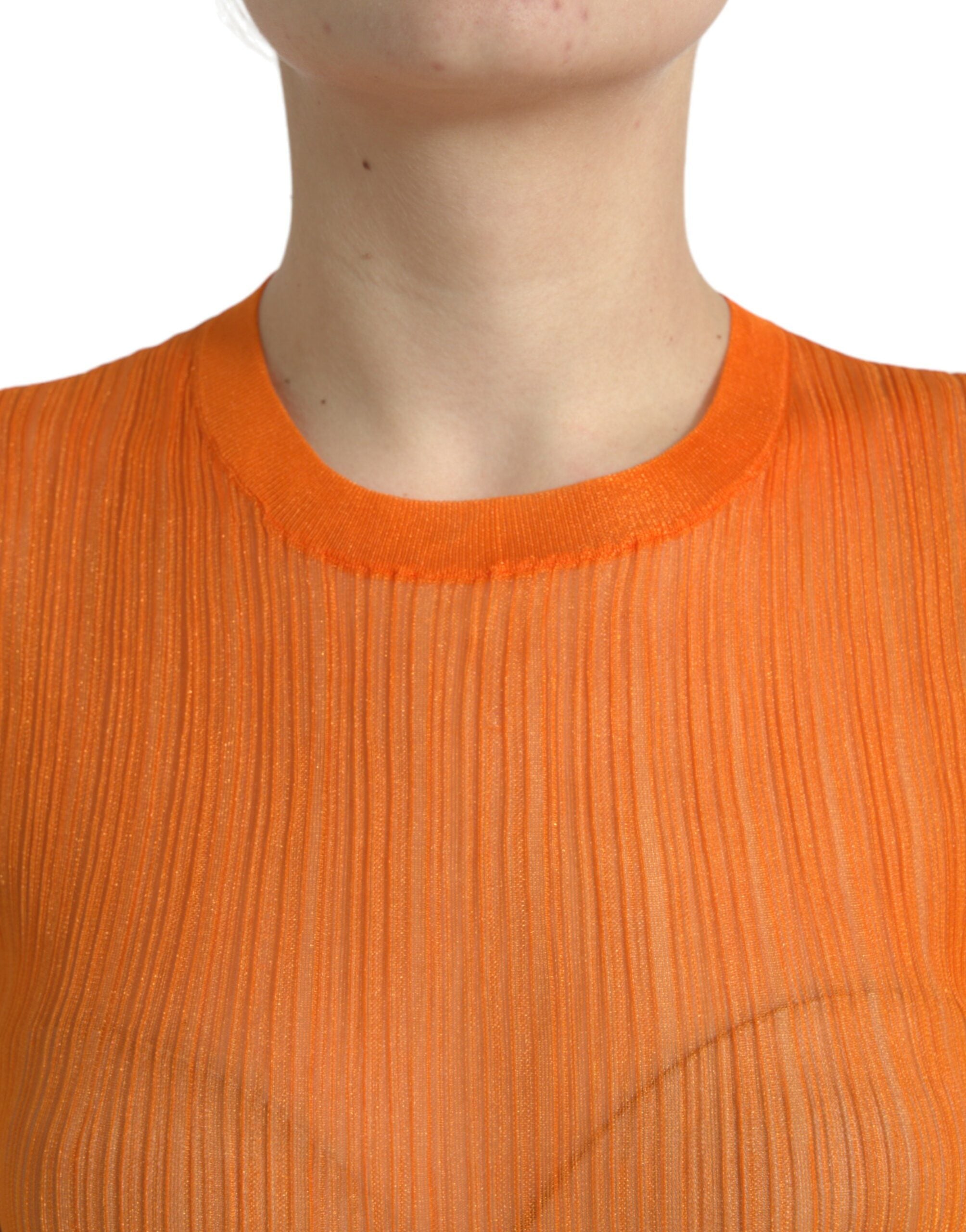 Orange See Through Crew Neck Blouse Tank Top - ventzia