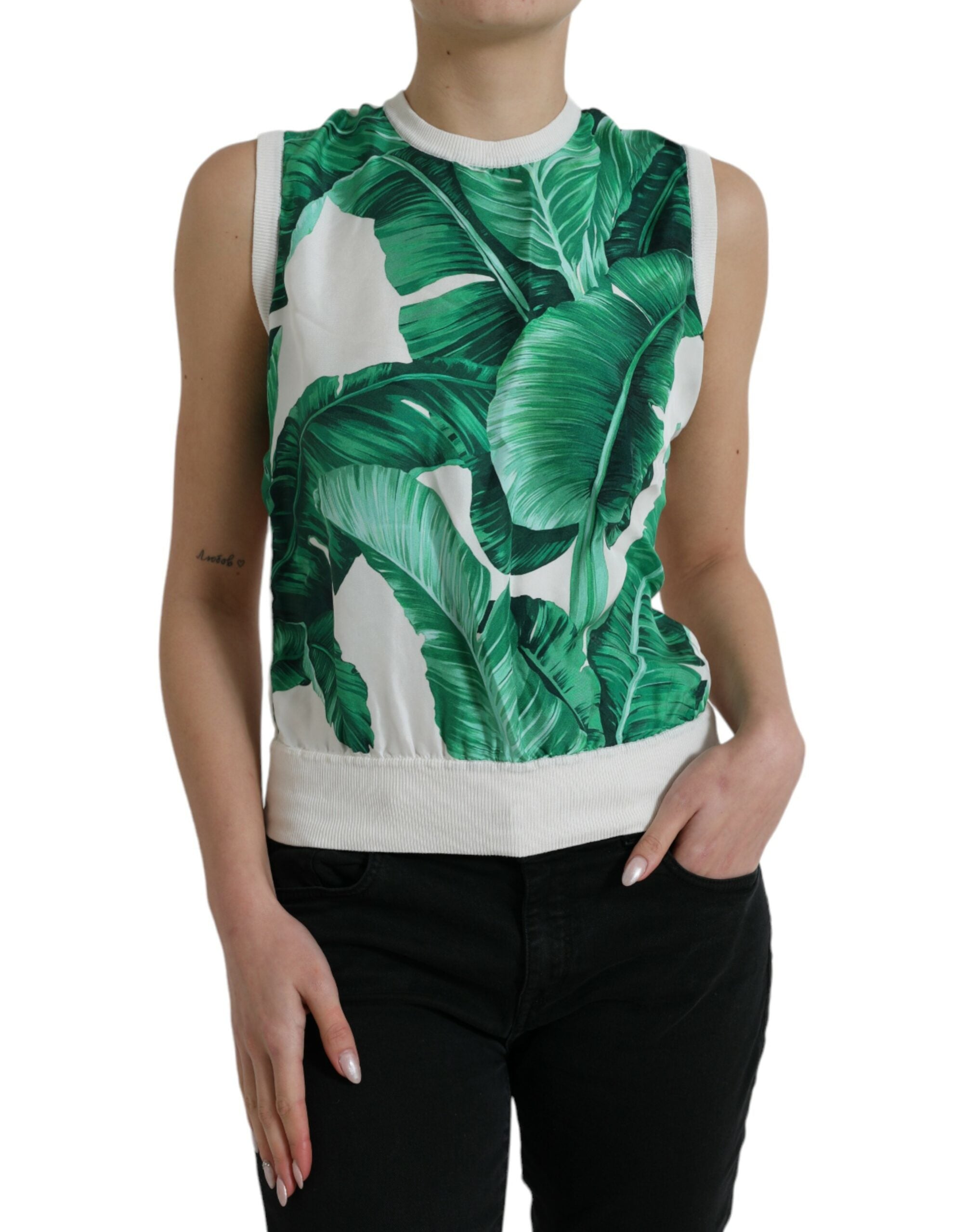 White Banana Leaf Print Crew Neck Tank Top - ventzia