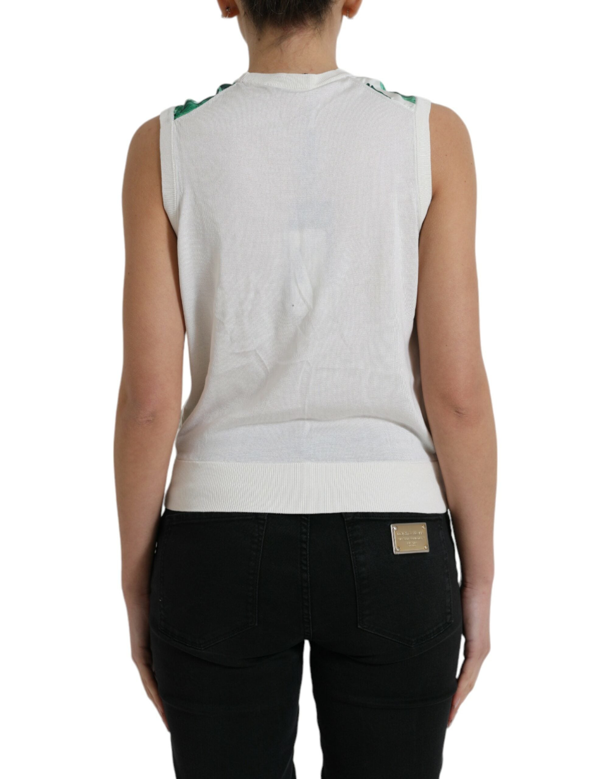 White Banana Leaf Print Crew Neck Tank Top - ventzia