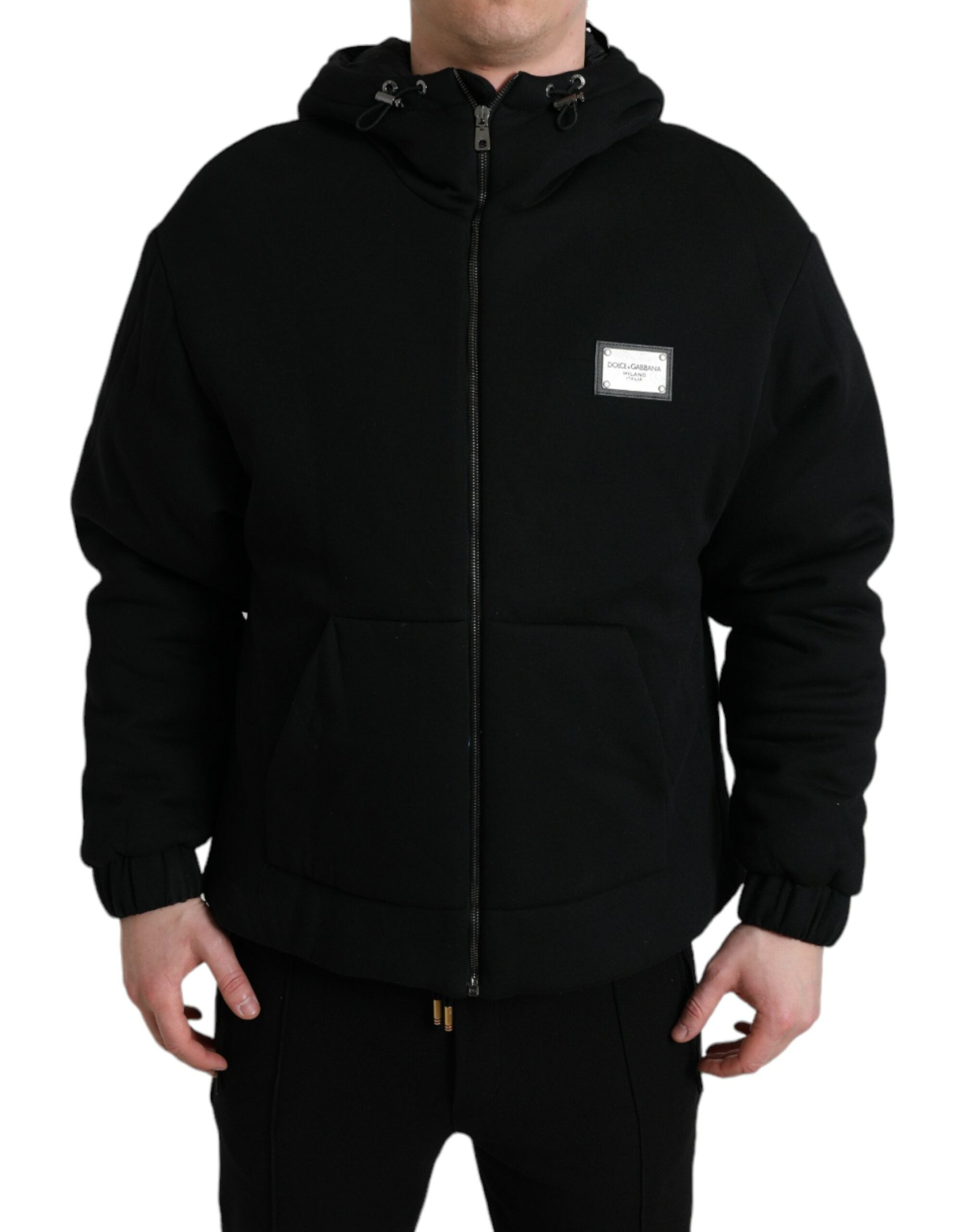 Black Cotton Hooded Logo Bomber Jacket - ventzia
