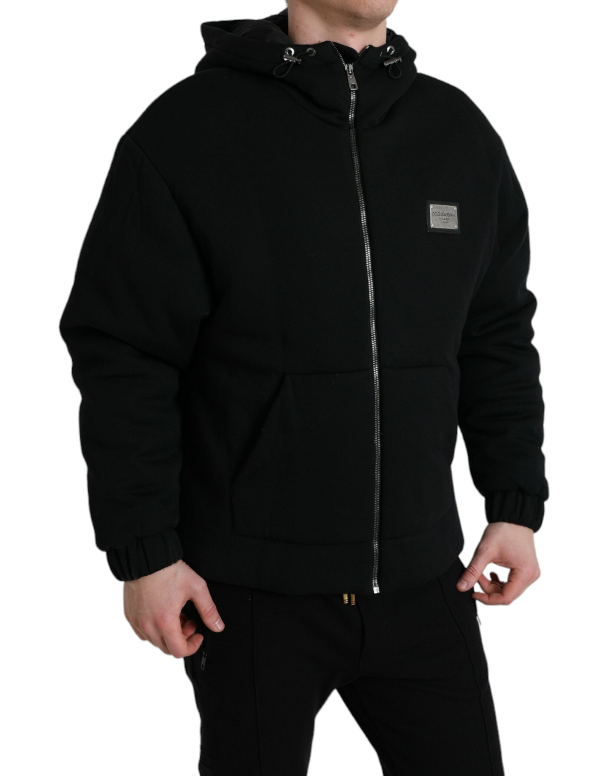 Black Cotton Hooded Logo Bomber Jacket - ventzia