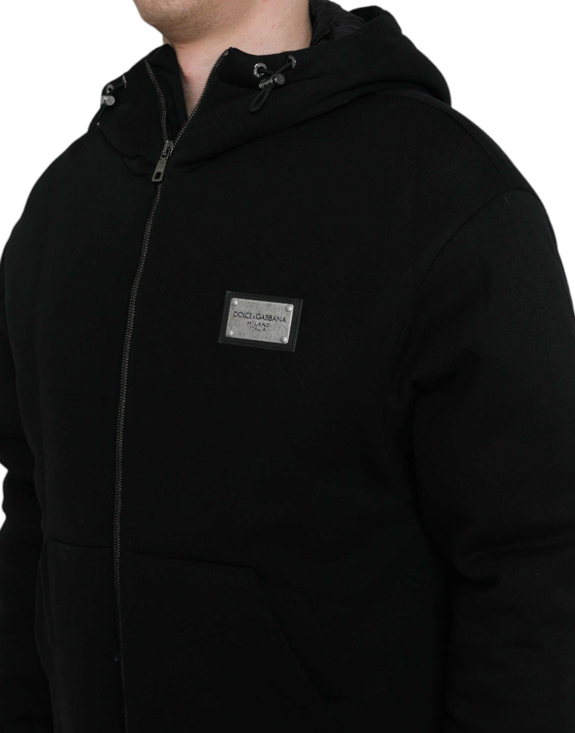 Black Cotton Hooded Logo Bomber Jacket - ventzia