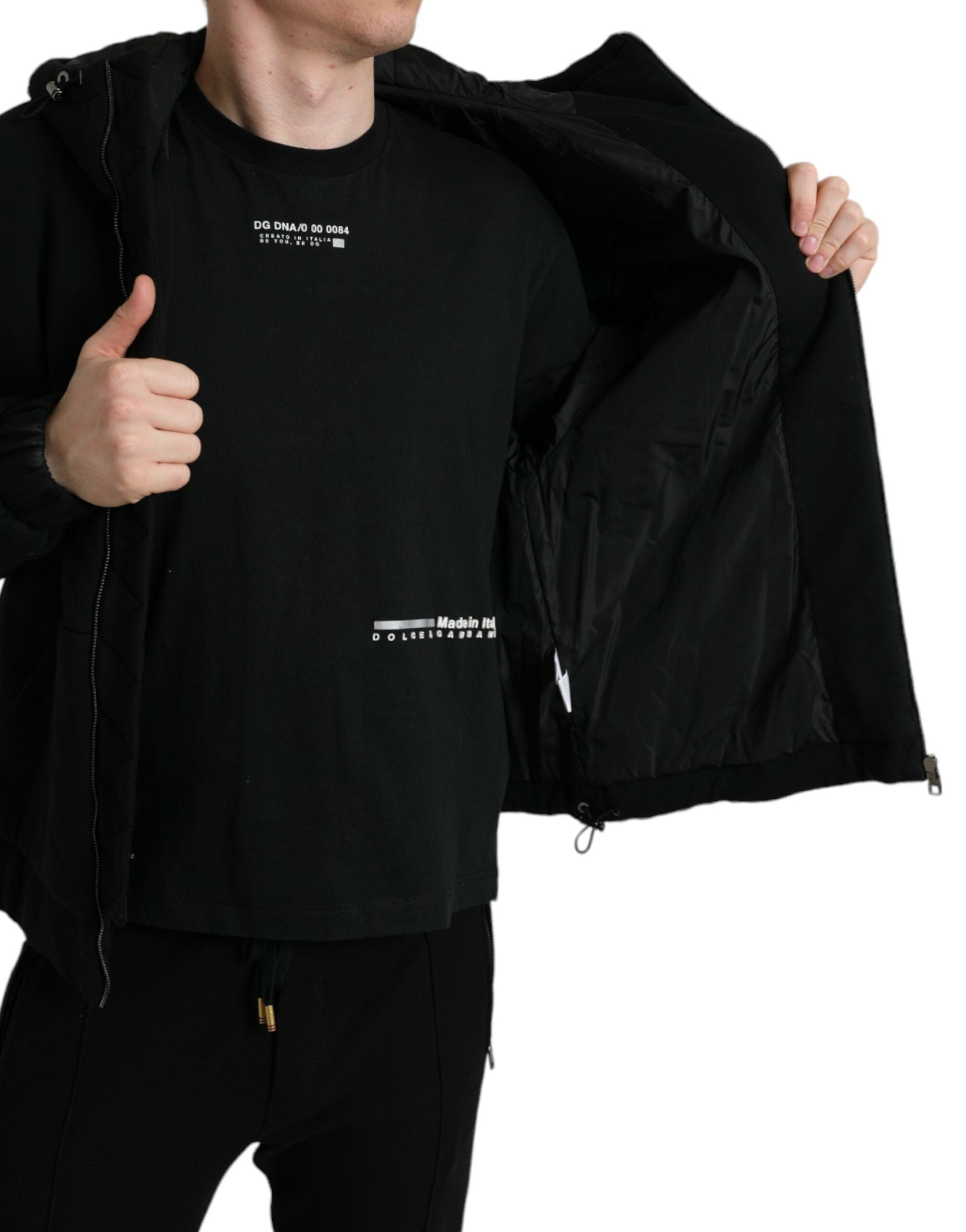 Black Cotton Hooded Logo Bomber Jacket - ventzia