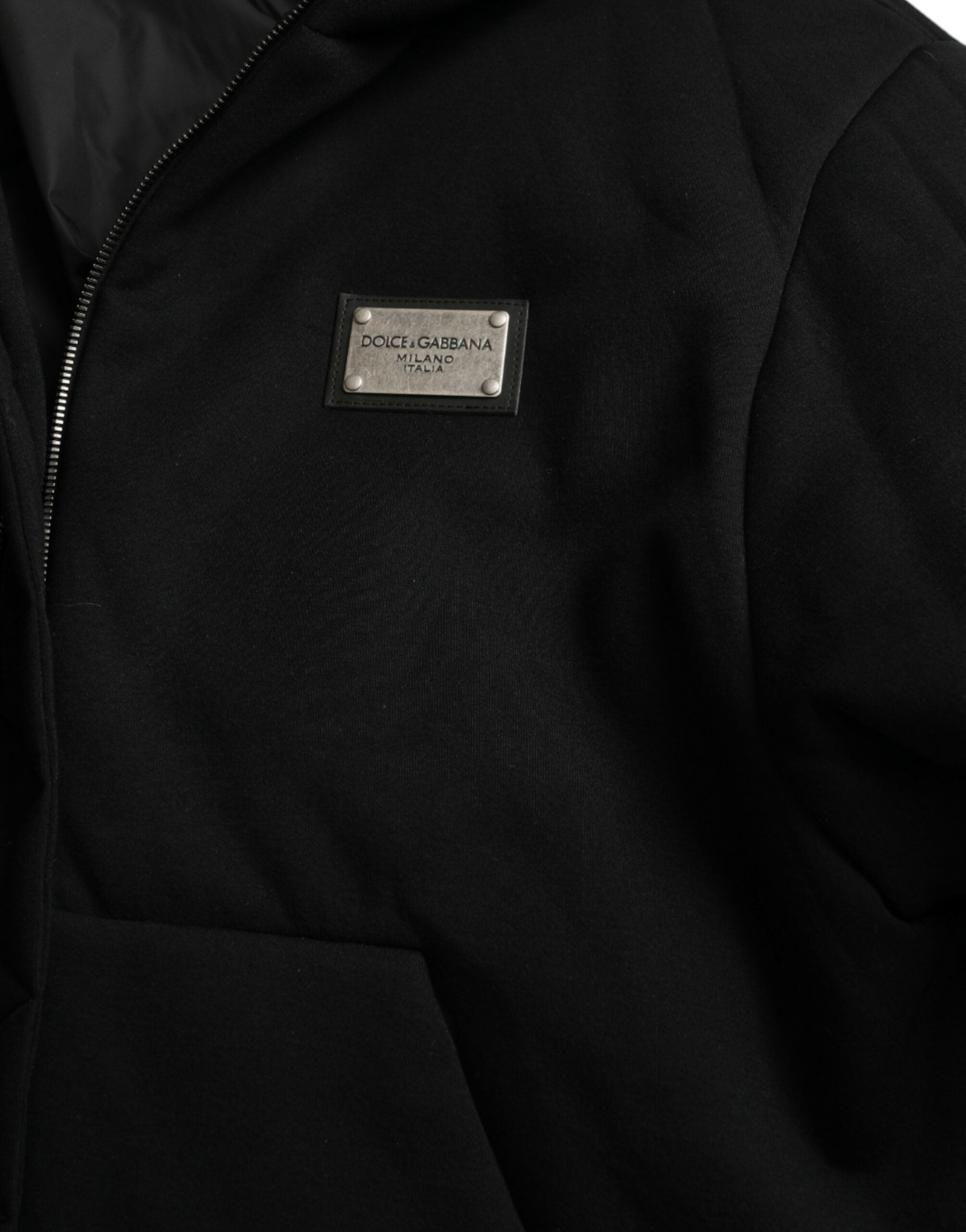 Black Cotton Hooded Logo Bomber Jacket - ventzia