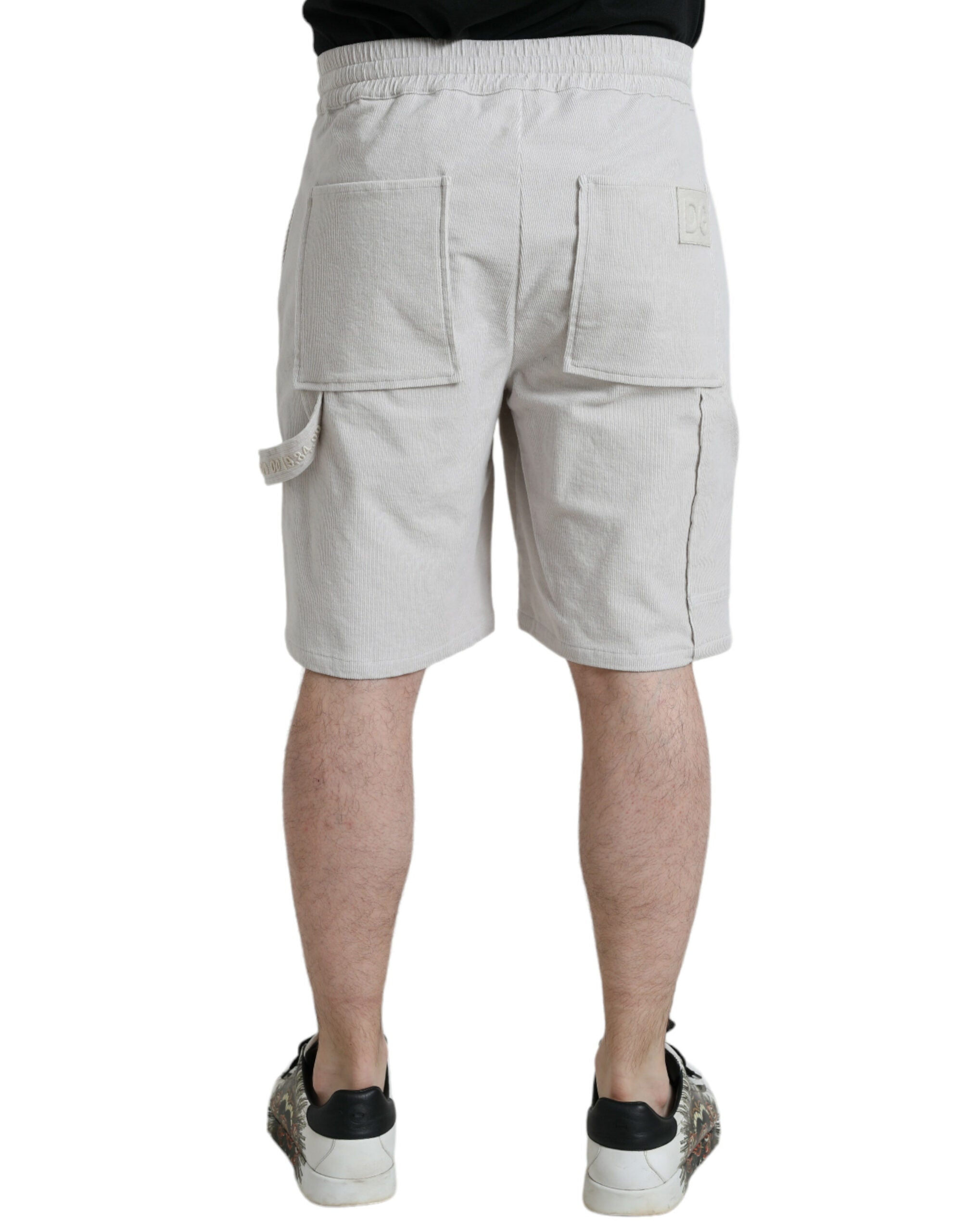 Beige Cotton Corduroy Logo Bermuda Shorts - ventzia