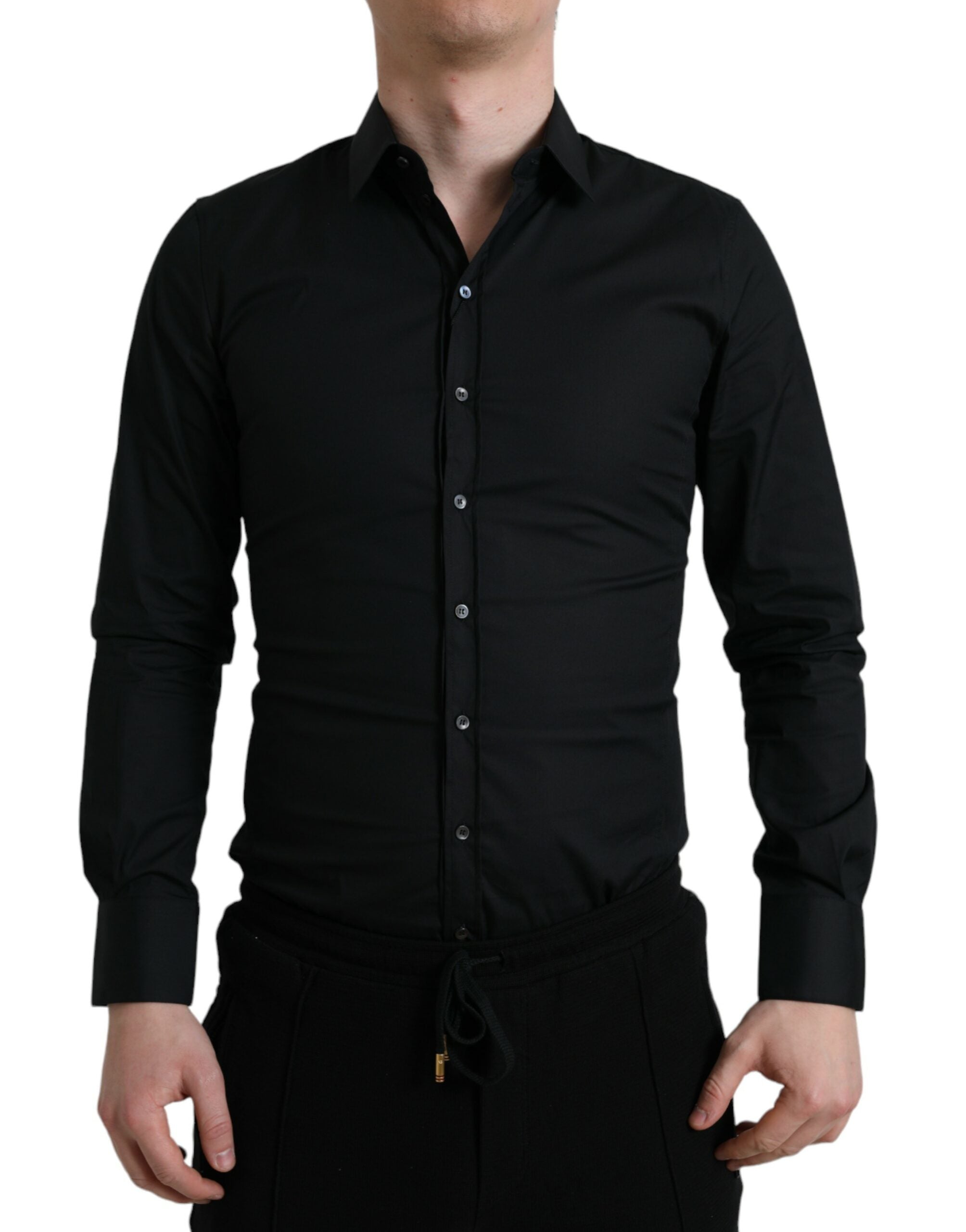 Black Cotton Stretch Slim Formal Dress Shirt - ventzia
