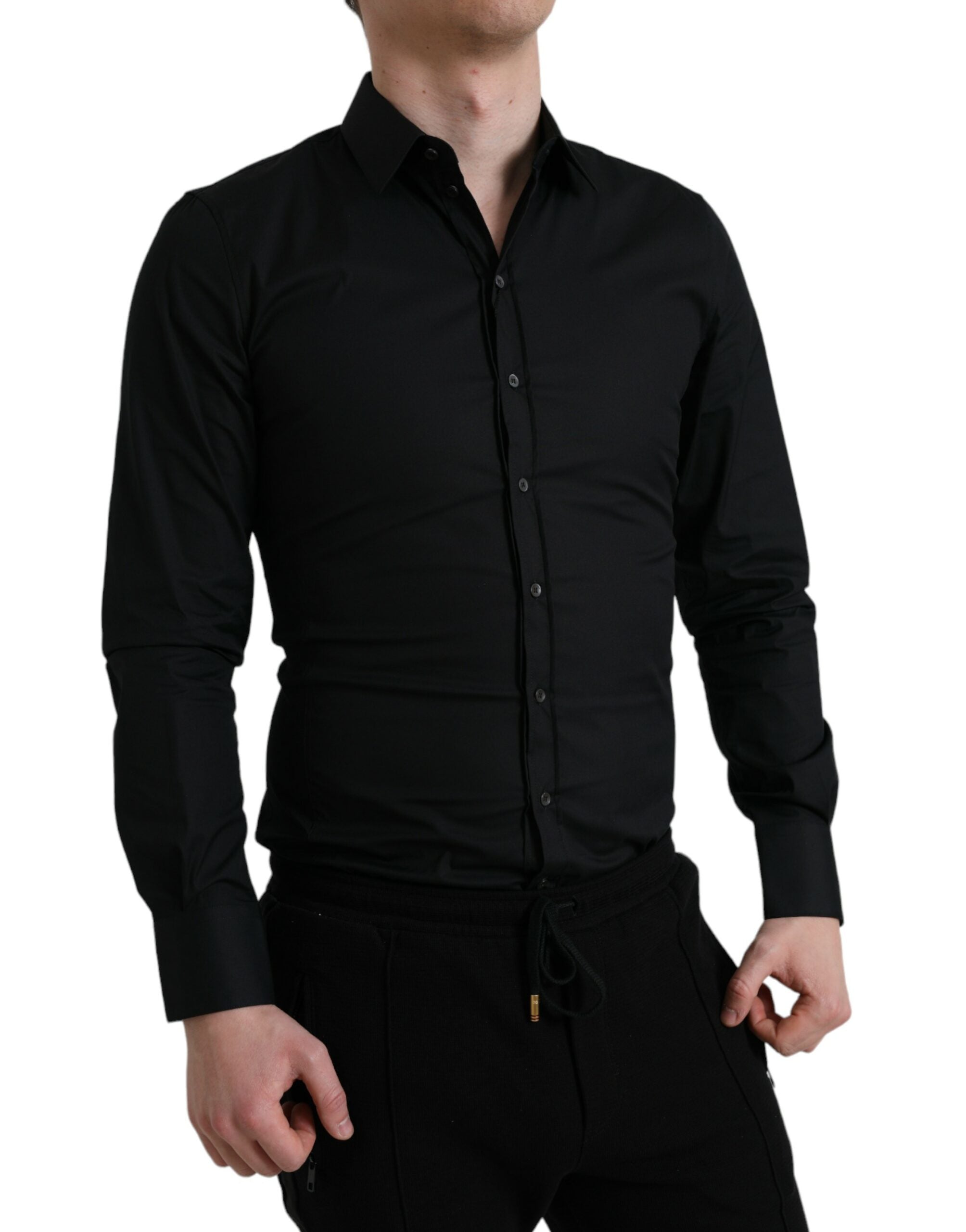 Black Cotton Stretch Slim Formal Dress Shirt - ventzia