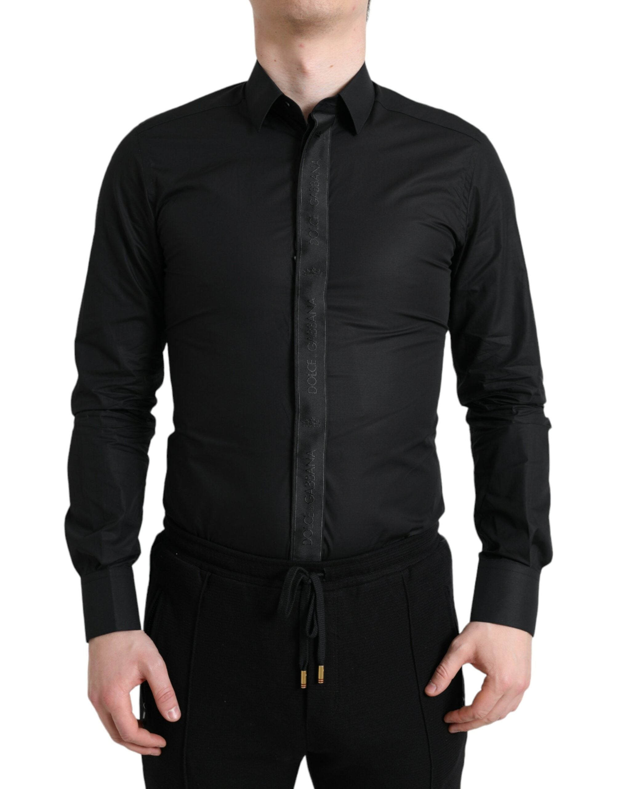 Black Cotton Logo Formal GOLD Dress Shirt - ventzia