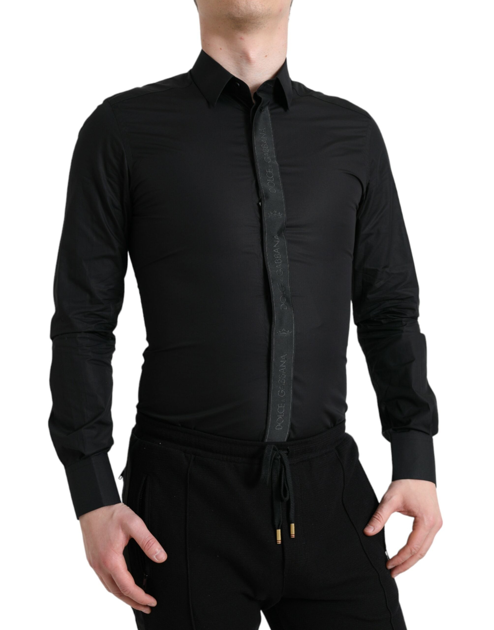 Black Cotton Logo Formal GOLD Dress Shirt - ventzia