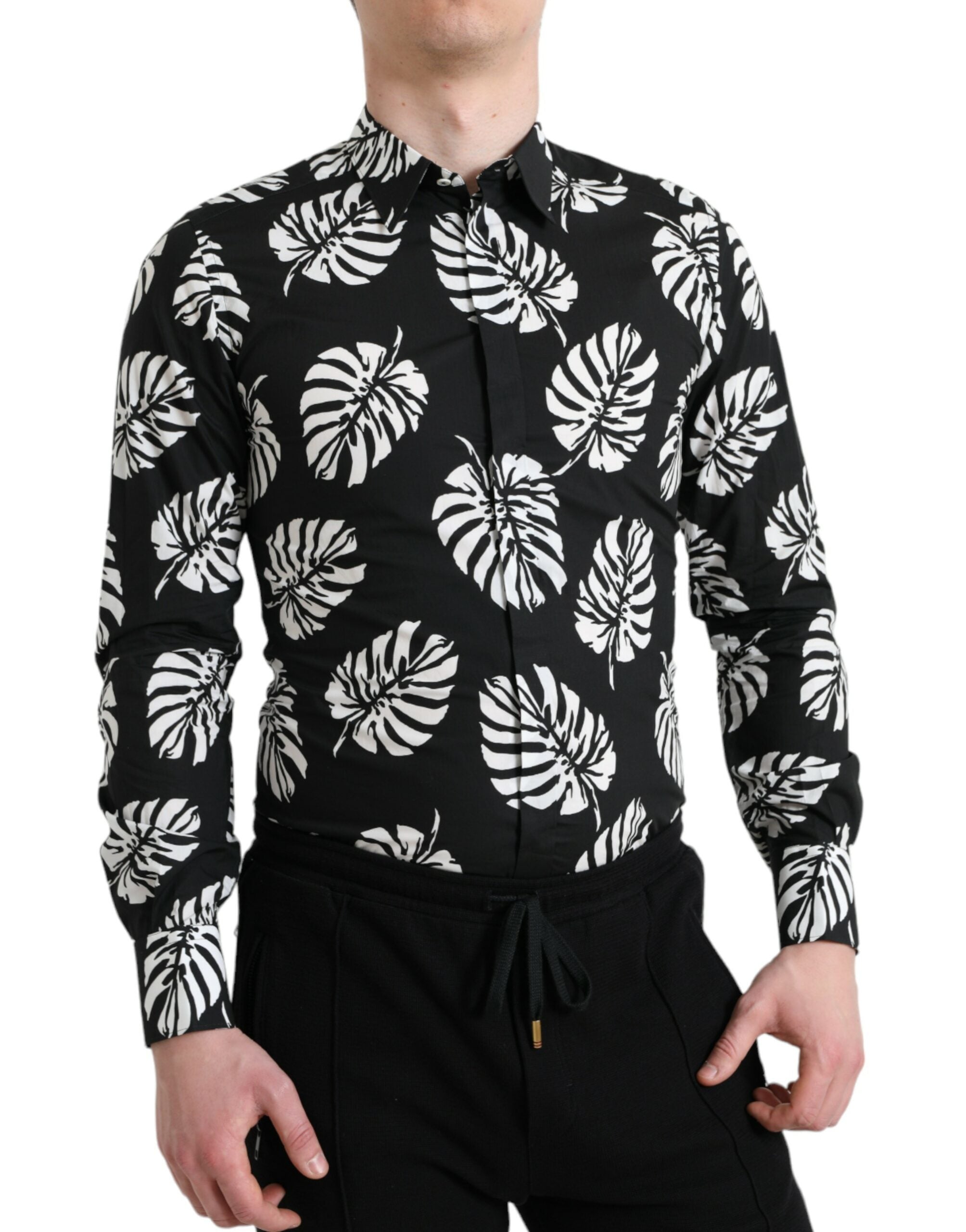 Black Leaf Cotton Men Formal GOLD Dress Shirt - ventzia