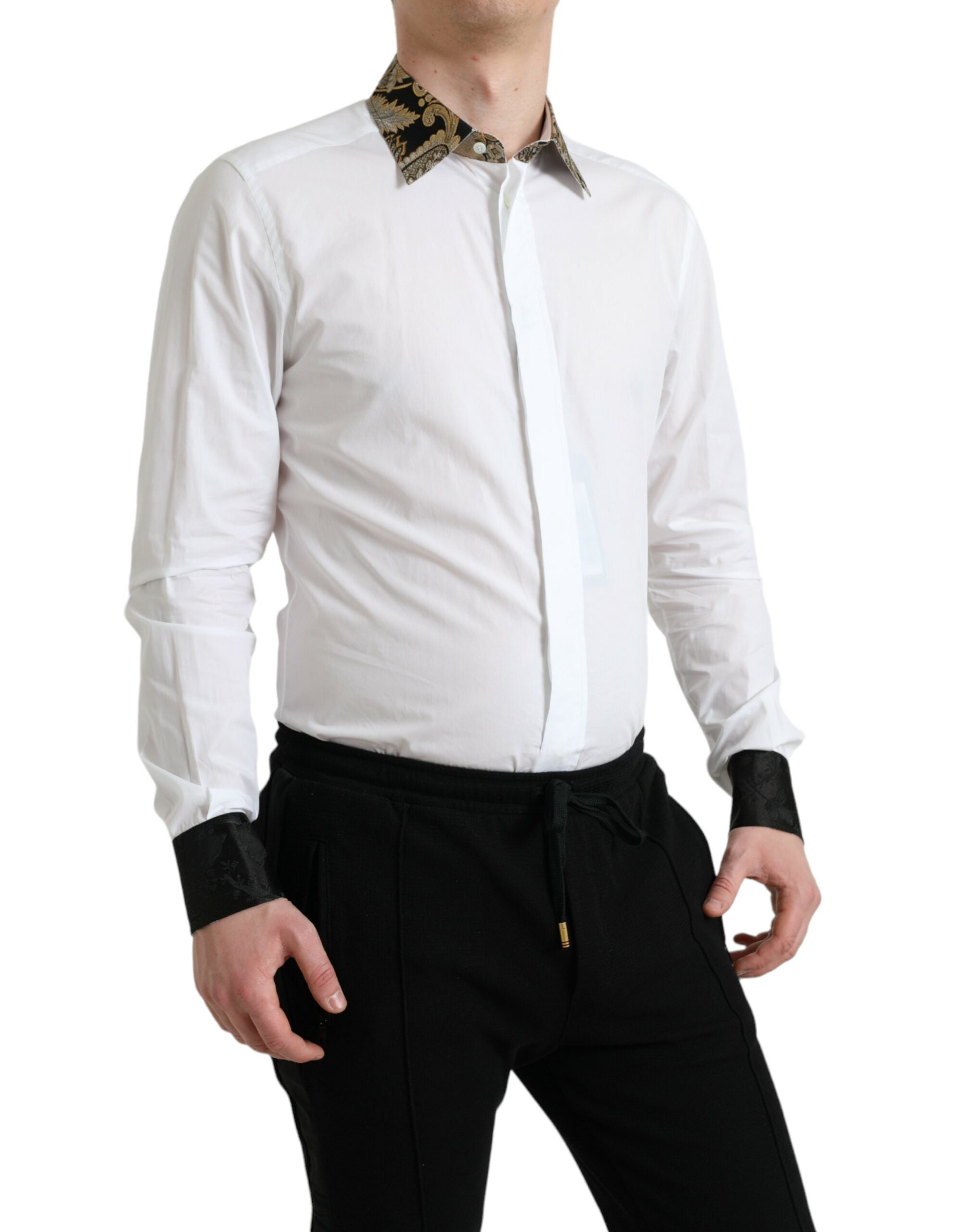 White Cotton Jacquard Formal GOLD Dress Shirt - ventzia