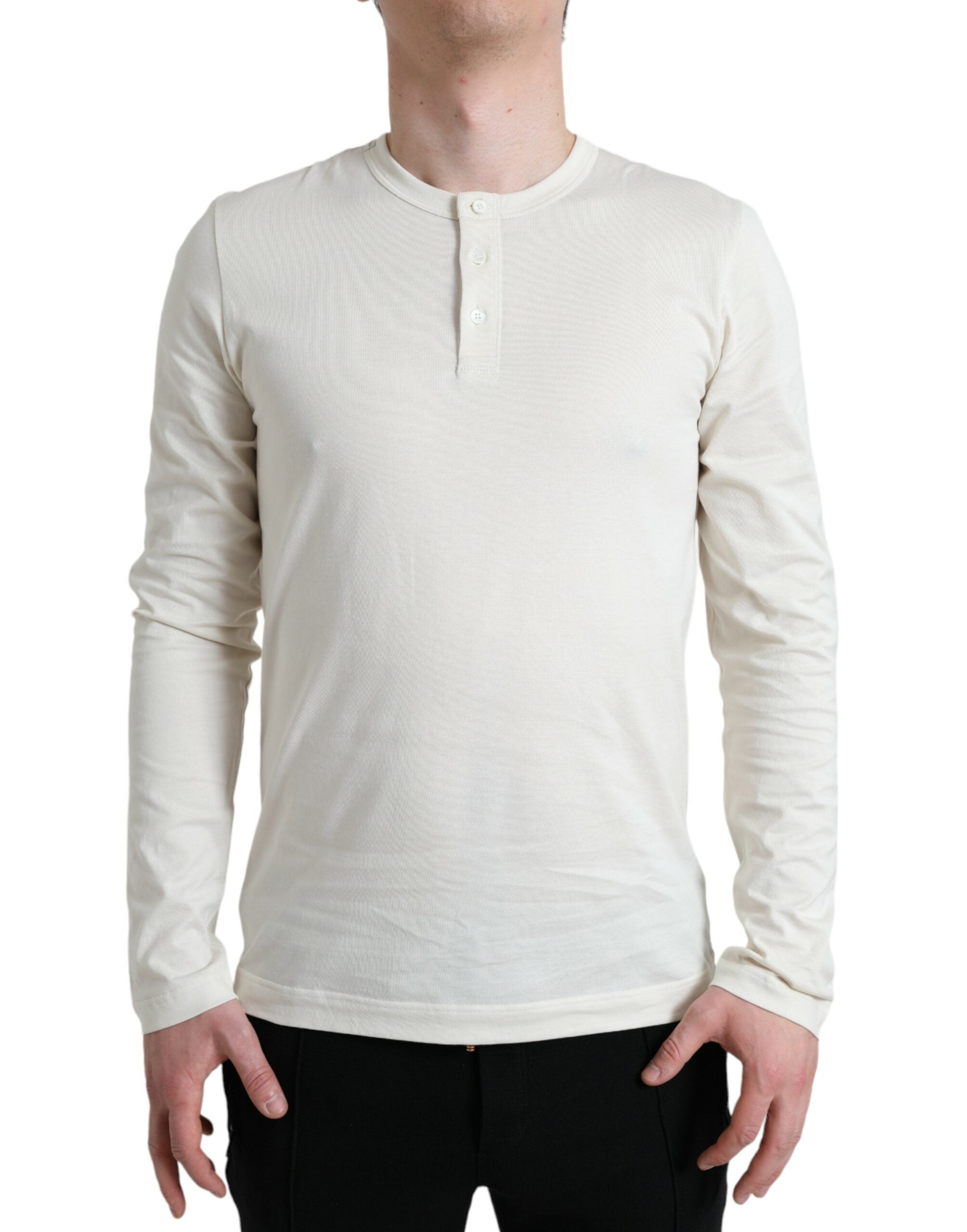 Off White Cotton Henley Pullover Sweater - ventzia