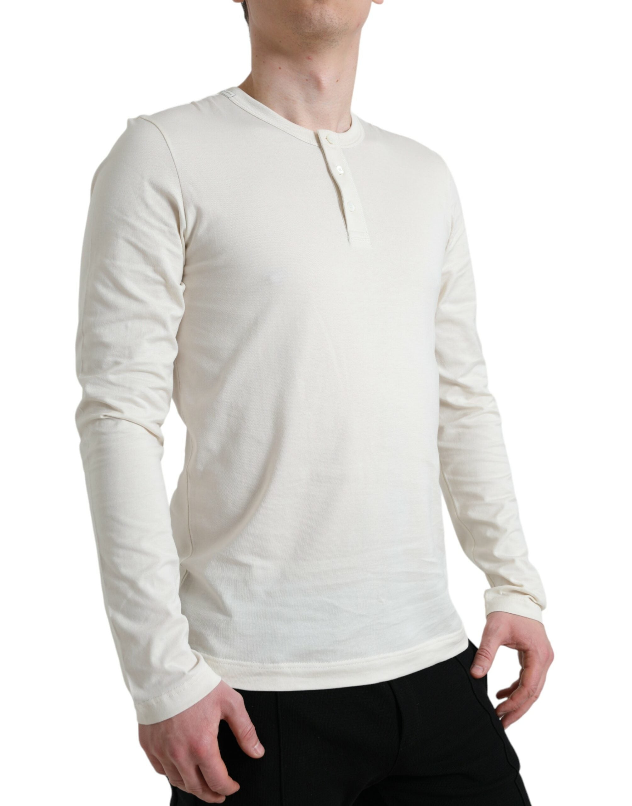 Off White Cotton Henley Pullover Sweater - ventzia
