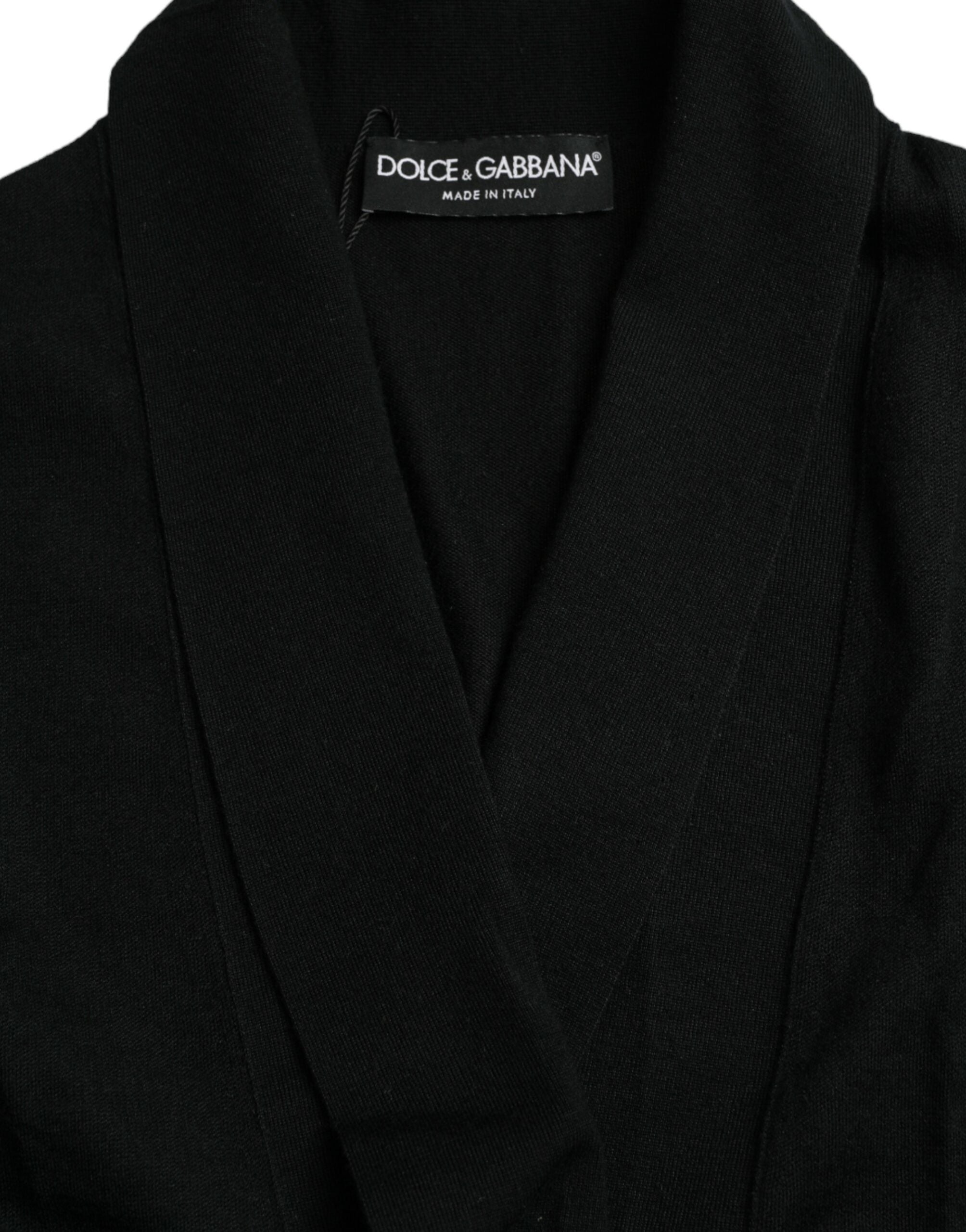 Black Cashmere Long Sleeves Belted Wrap Robe - ventzia