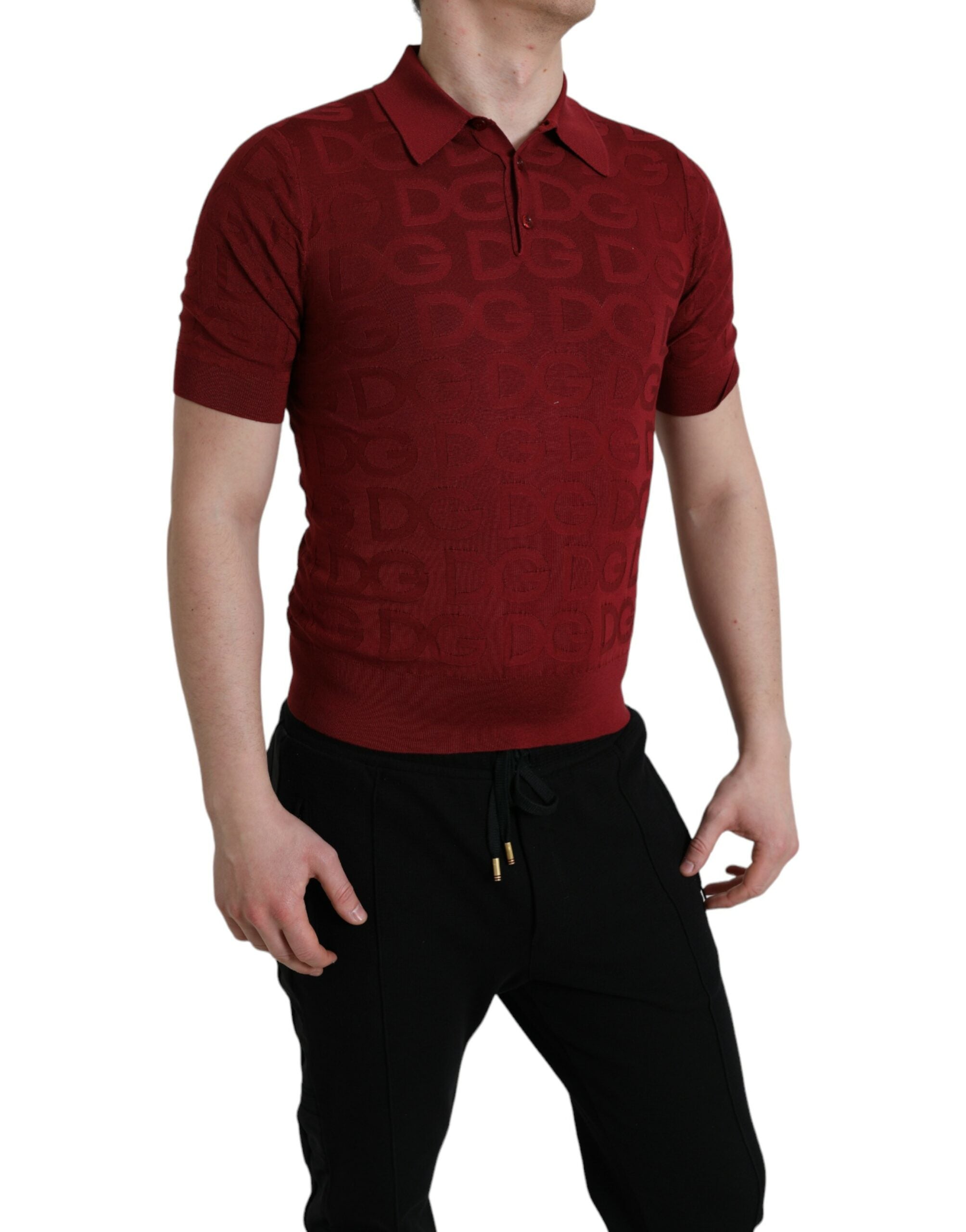 Maroon Collared Short Sleeve Silk T-shirt - ventzia