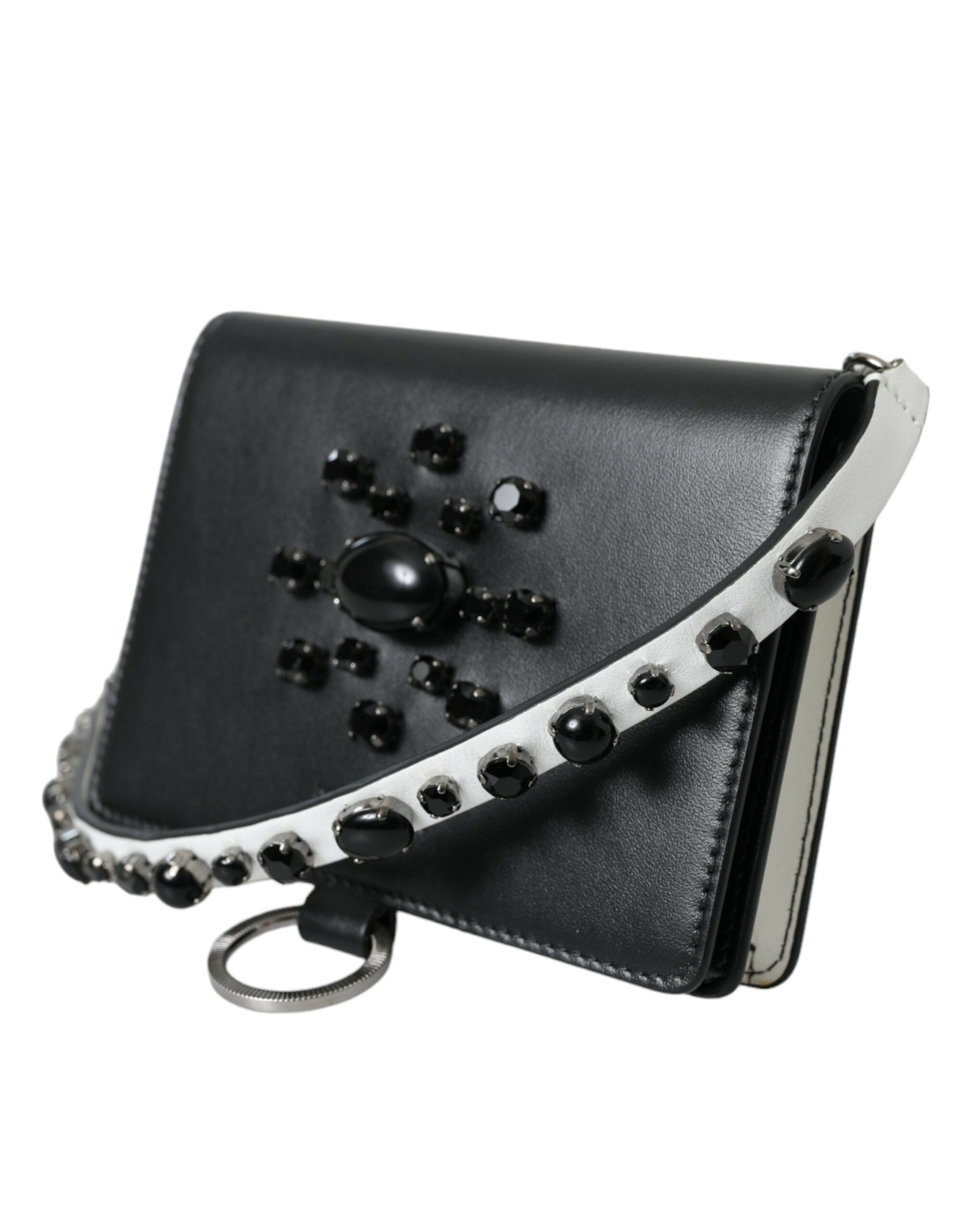 Black White Leather Crystal Embellished Cardholder Wallet - ventzia